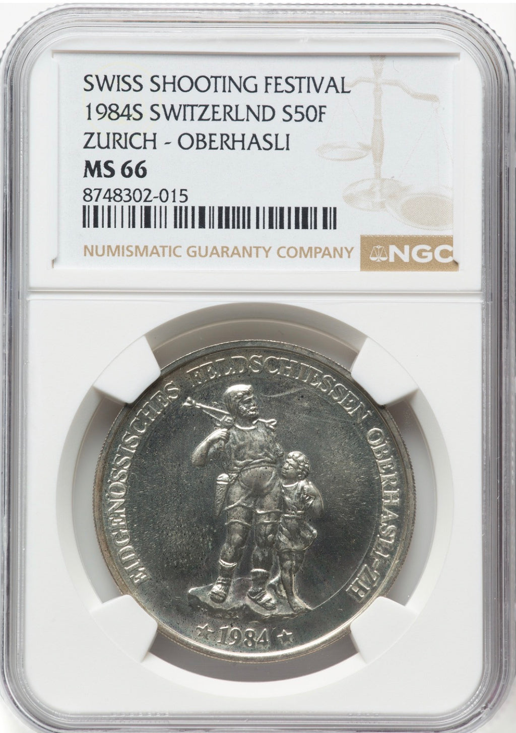 1984 Switzerland Silver 50 Francs Swiss Shooting Festival Zurich-Oberhasli NGC MS66