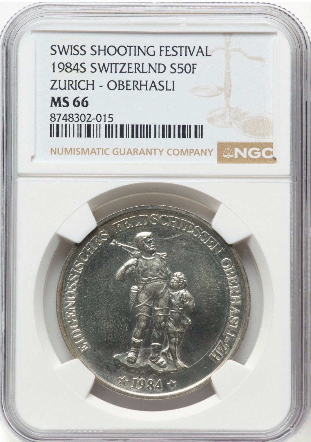 1984 Switzerland Silver 50 Francs Swiss Shooting Festival Zurich-Oberhasli NGC MS66