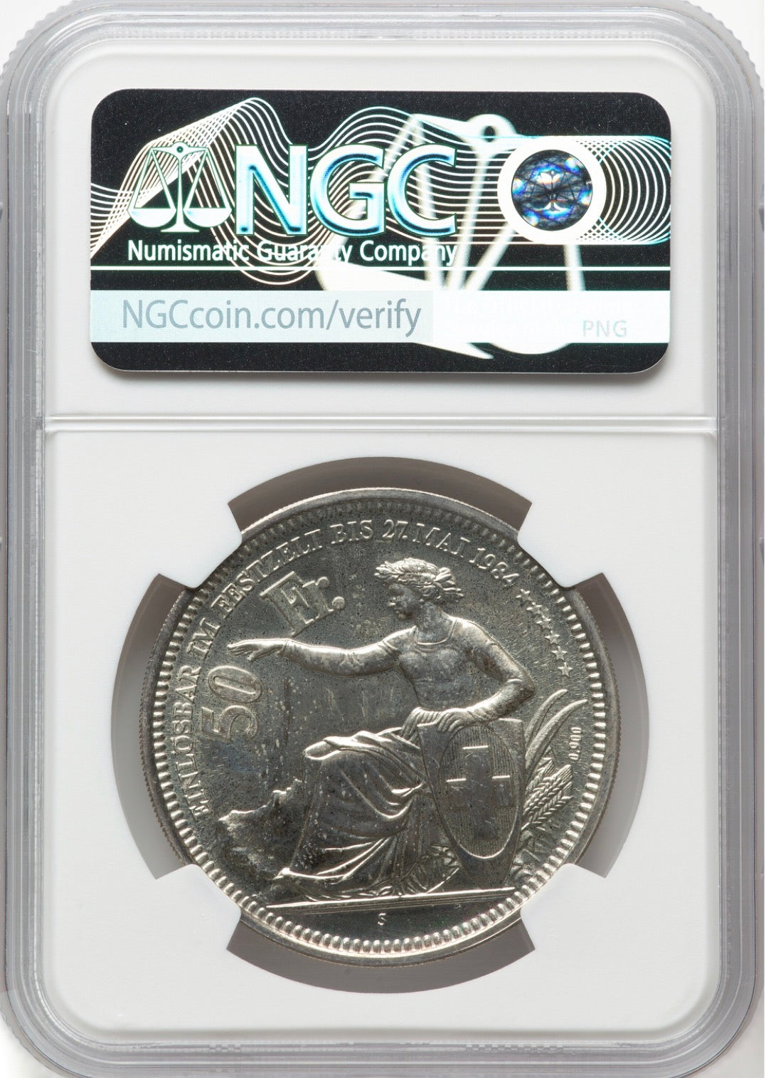 1984 Switzerland Silver 50 Francs Swiss Shooting Festival Zurich-Oberhasli NGC MS66