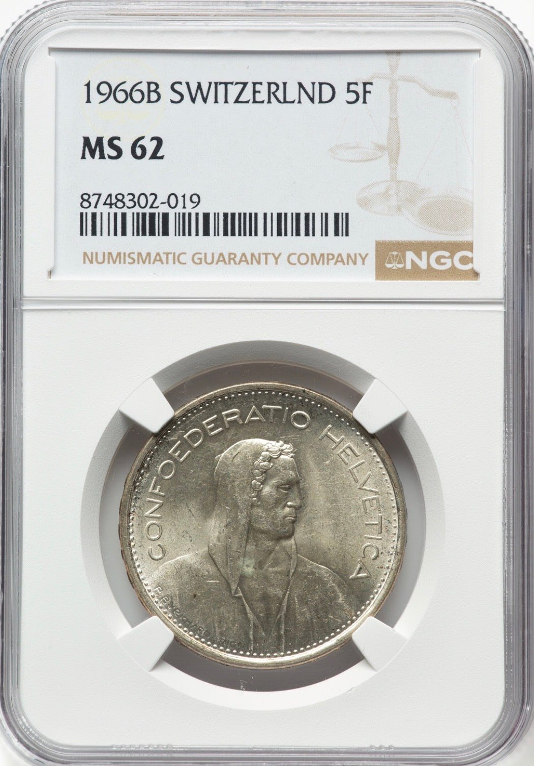 1966B Switzerland Silver 5 Francs – NGC MS62