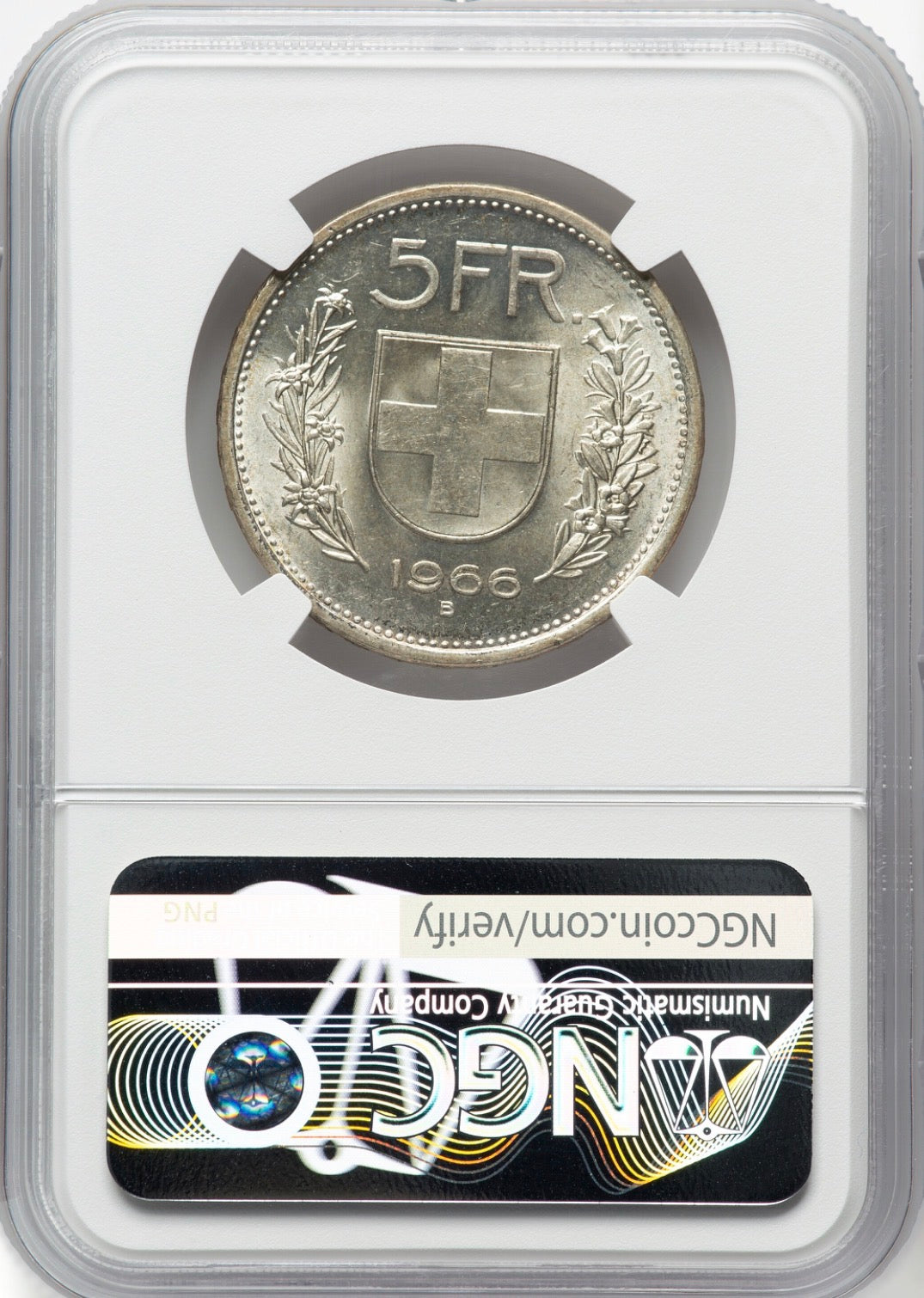 1966B Switzerland Silver 5 Francs – NGC MS62