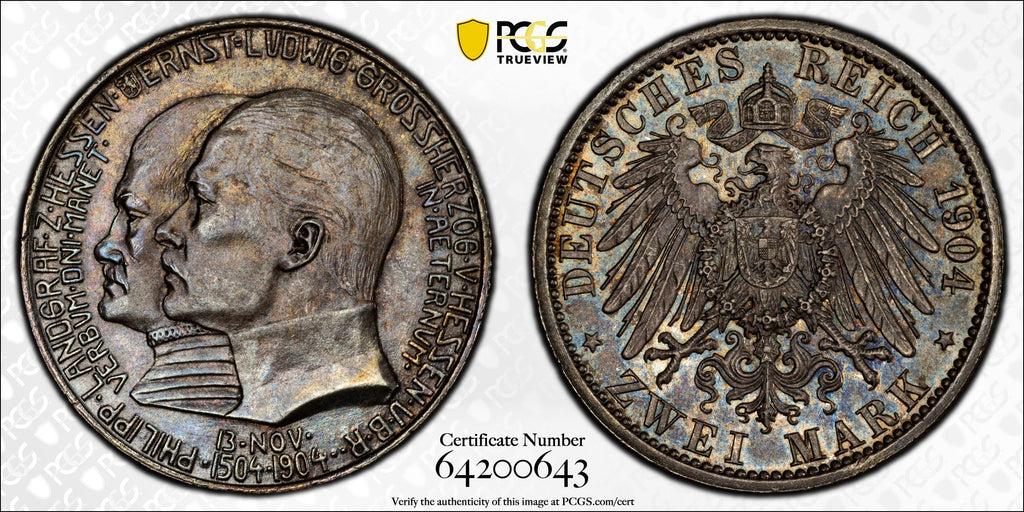 1904 Germany Hesse-Darmstadt 2 Mark PCGS MS64 – 400th Birthday Grand Duke Ernst Ludwig (J-74)