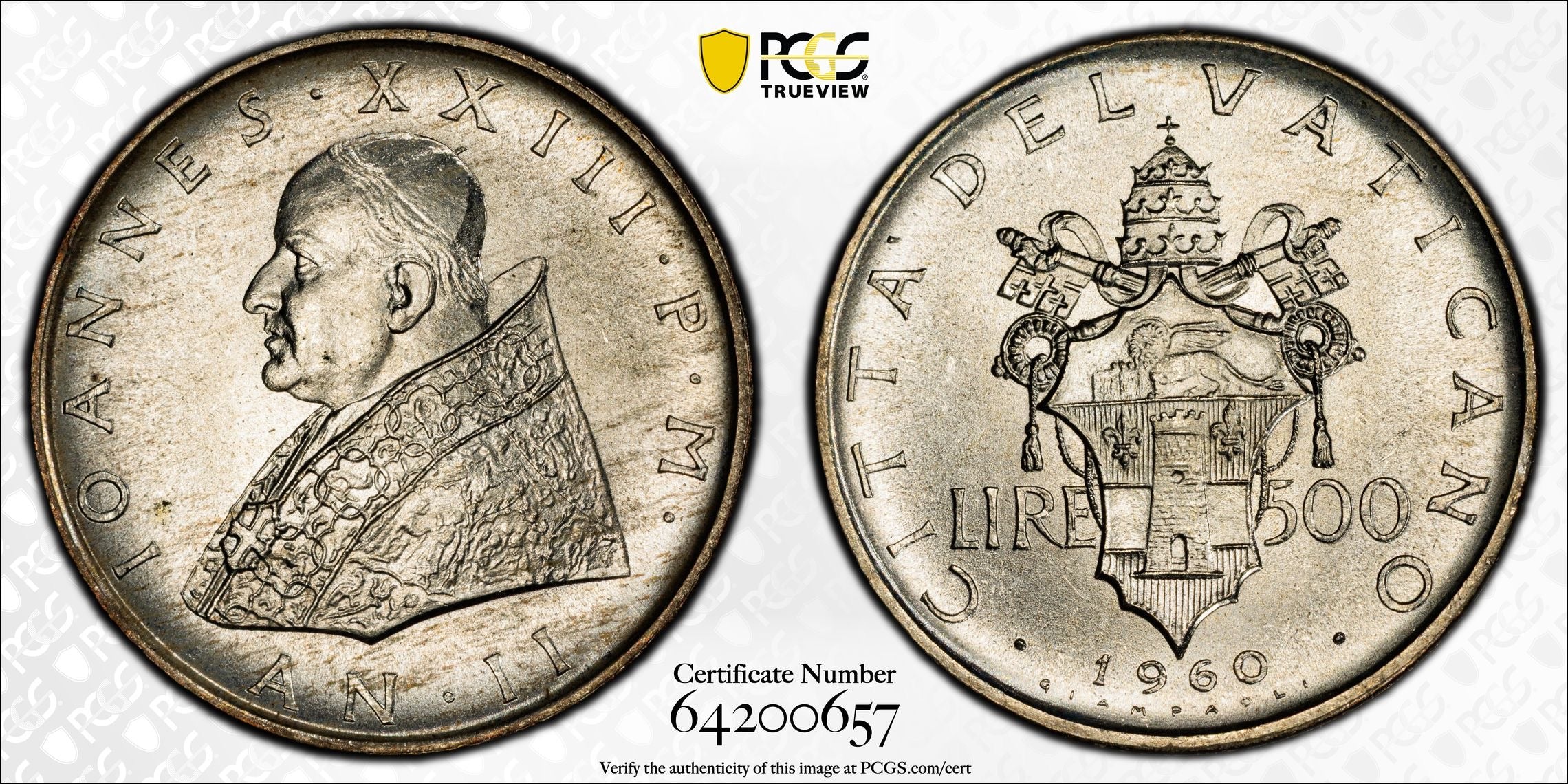 1960 Vatican City Silver 500 Lire Pope John XXIII Anno II PCGS MS64