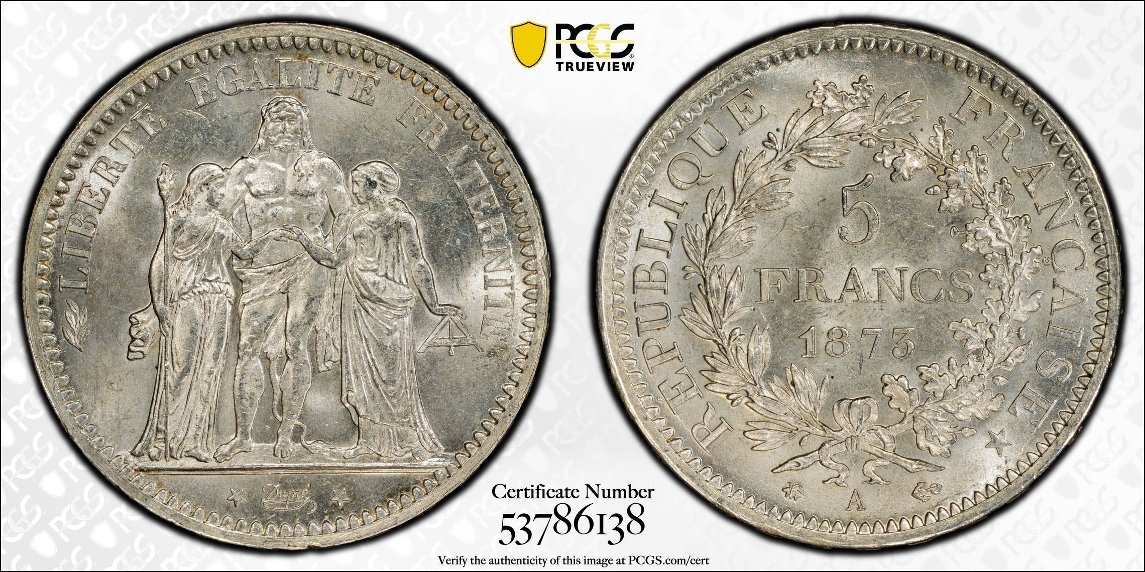 1873-A France Silver 5 Francs Hercules Third Republic PCGS MS64