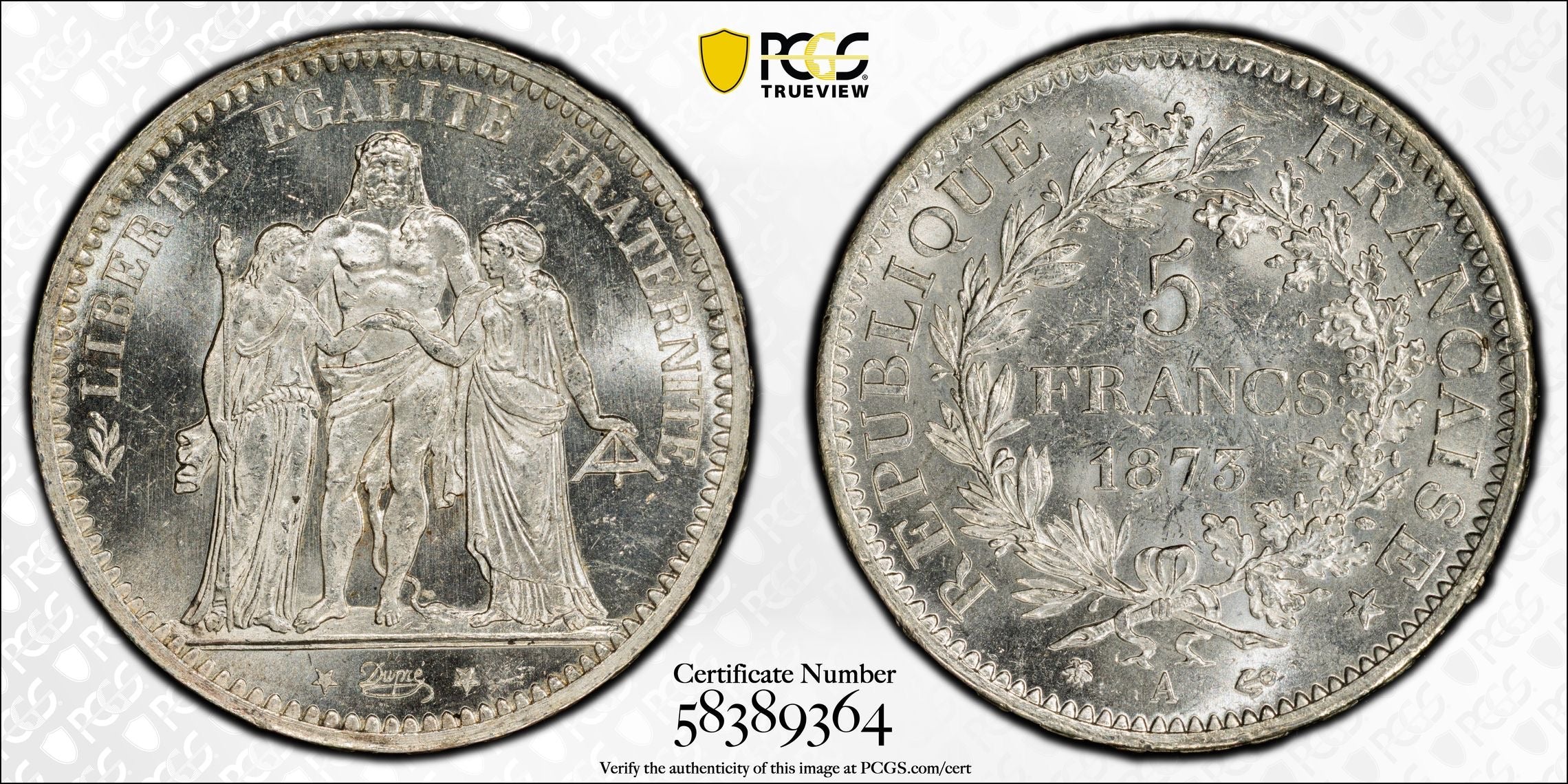 1873-A France Silver 5 Francs Hercules Third Republic PCGS MS63