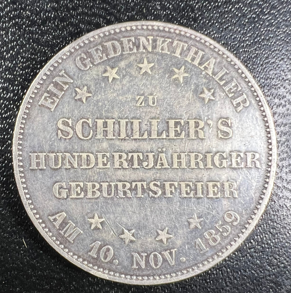 1859 Frankfurt Silver Gedenkthaler (1 Thaler) – Schiller’s 100th Birthday (Free City of Frankfurt)