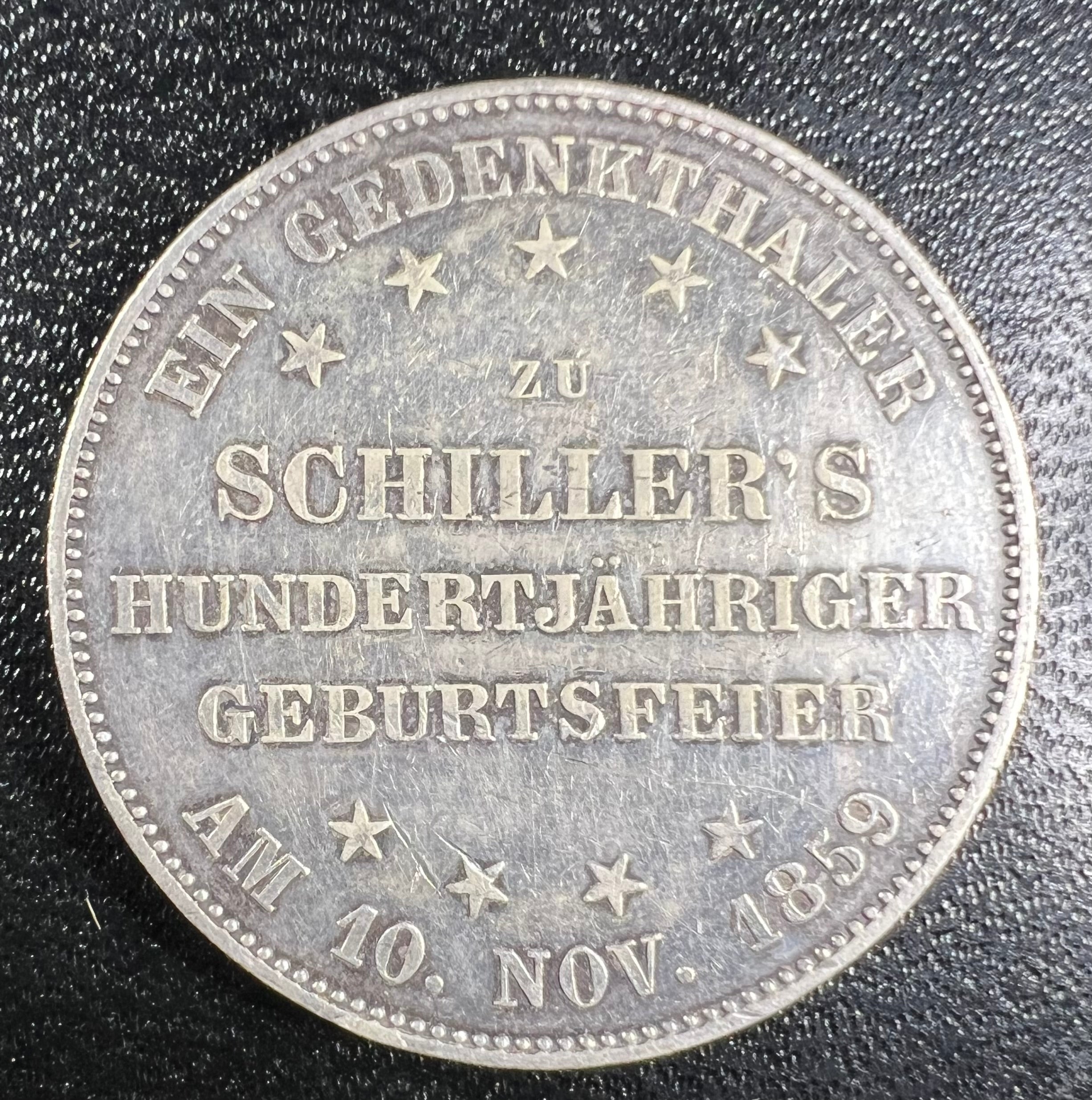 1859 Frankfurt Silver Gedenkthaler (1 Thaler) – Schiller’s 100th Birthday (Free City of Frankfurt)
