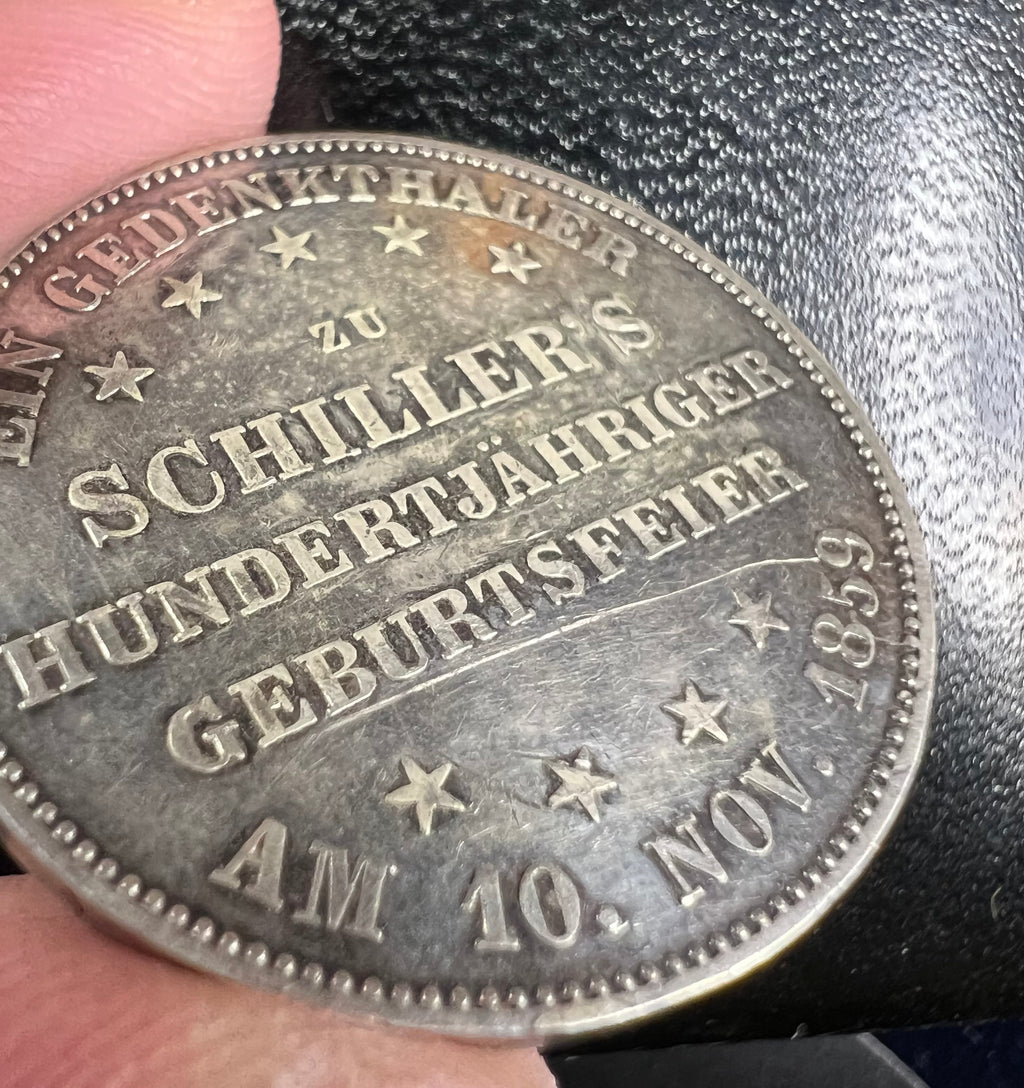 1859 Frankfurt Silver Gedenkthaler (1 Thaler) – Schiller’s 100th Birthday (Free City of Frankfurt)