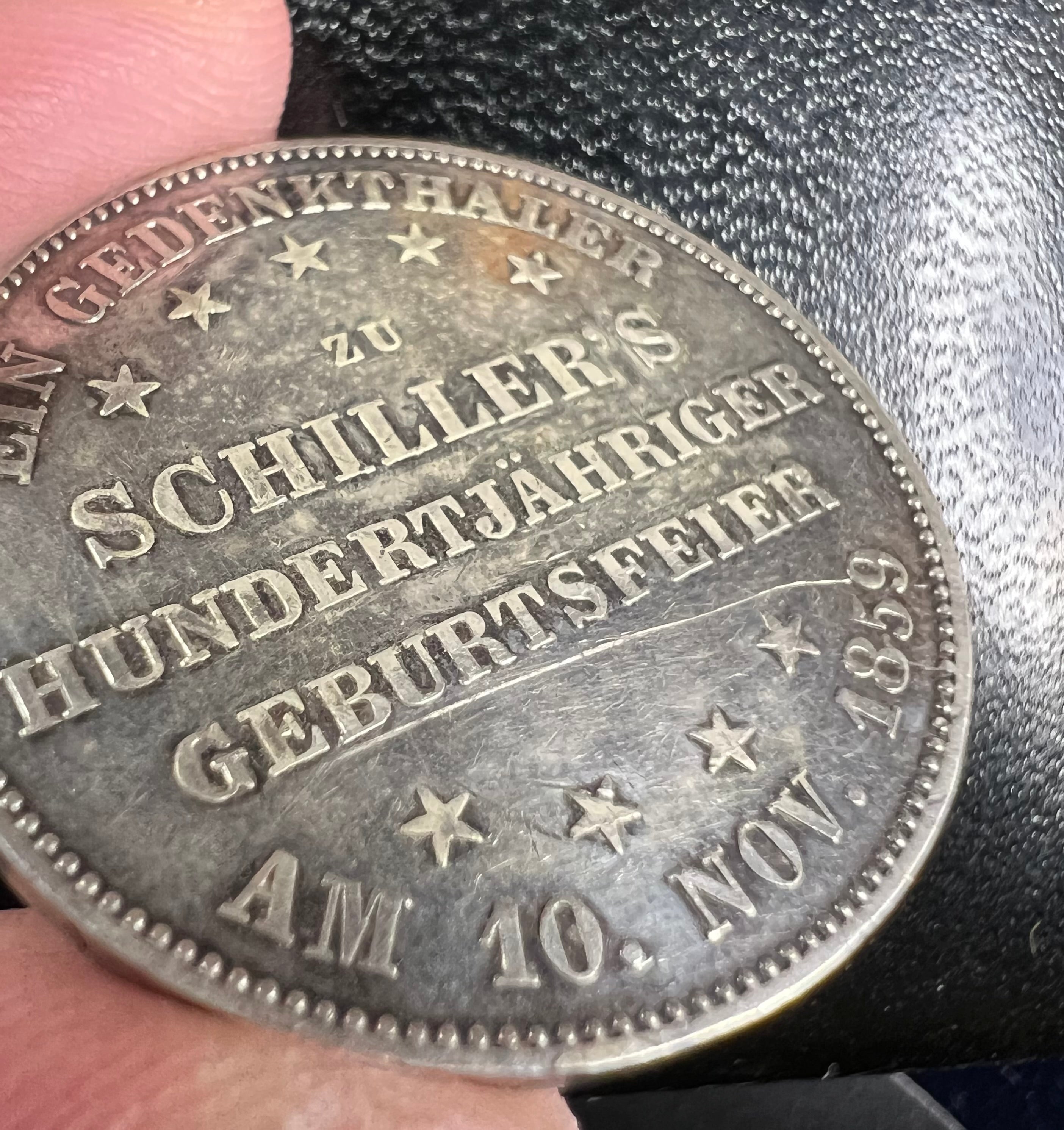 1859 Frankfurt Silver Gedenkthaler (1 Thaler) – Schiller’s 100th Birthday (Free City of Frankfurt)