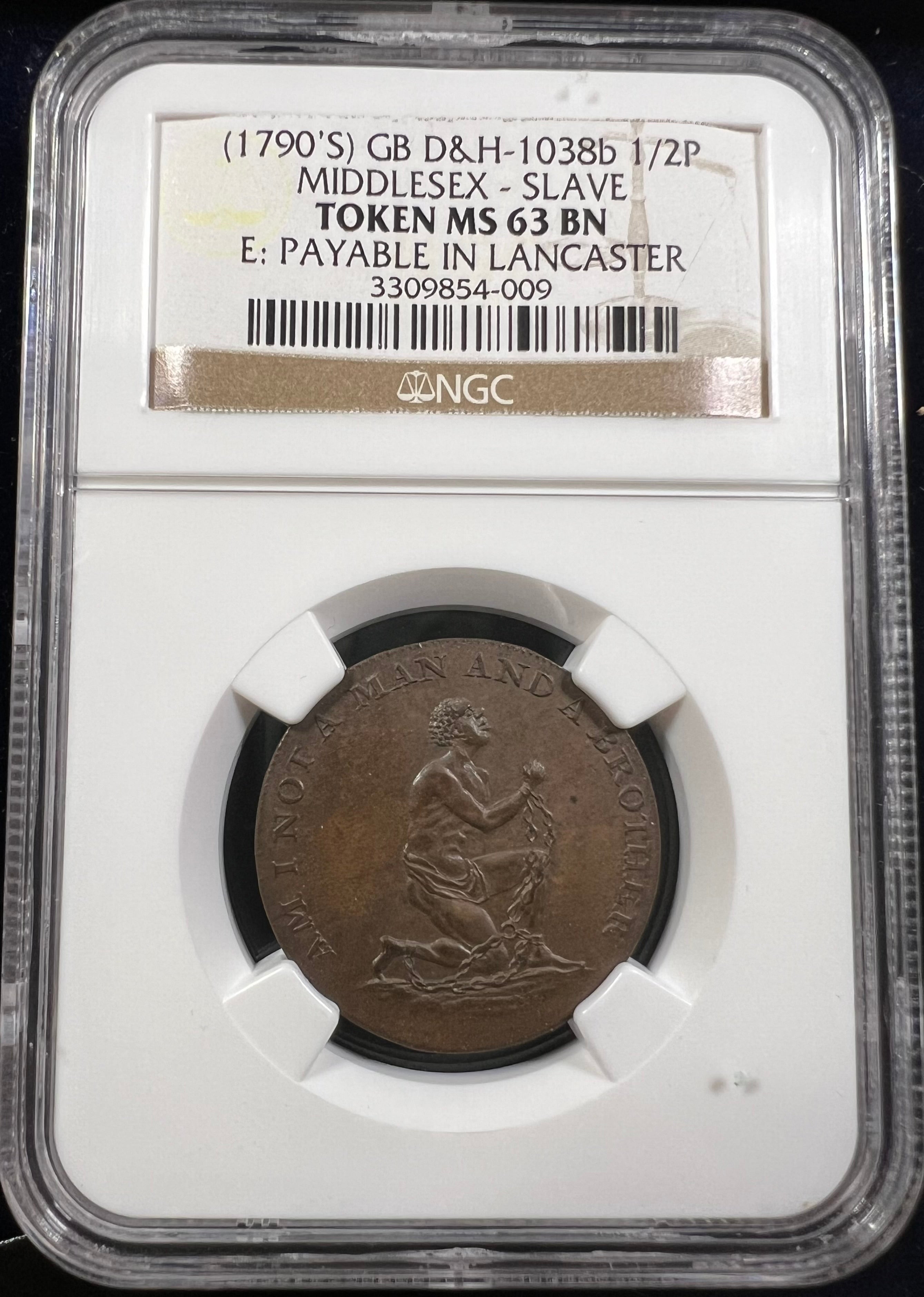 1790年代 英国 D&H-33 1/2P トークン 1790s Great Britain Middlesex Slave Token ½ Penny – “Am I Not a