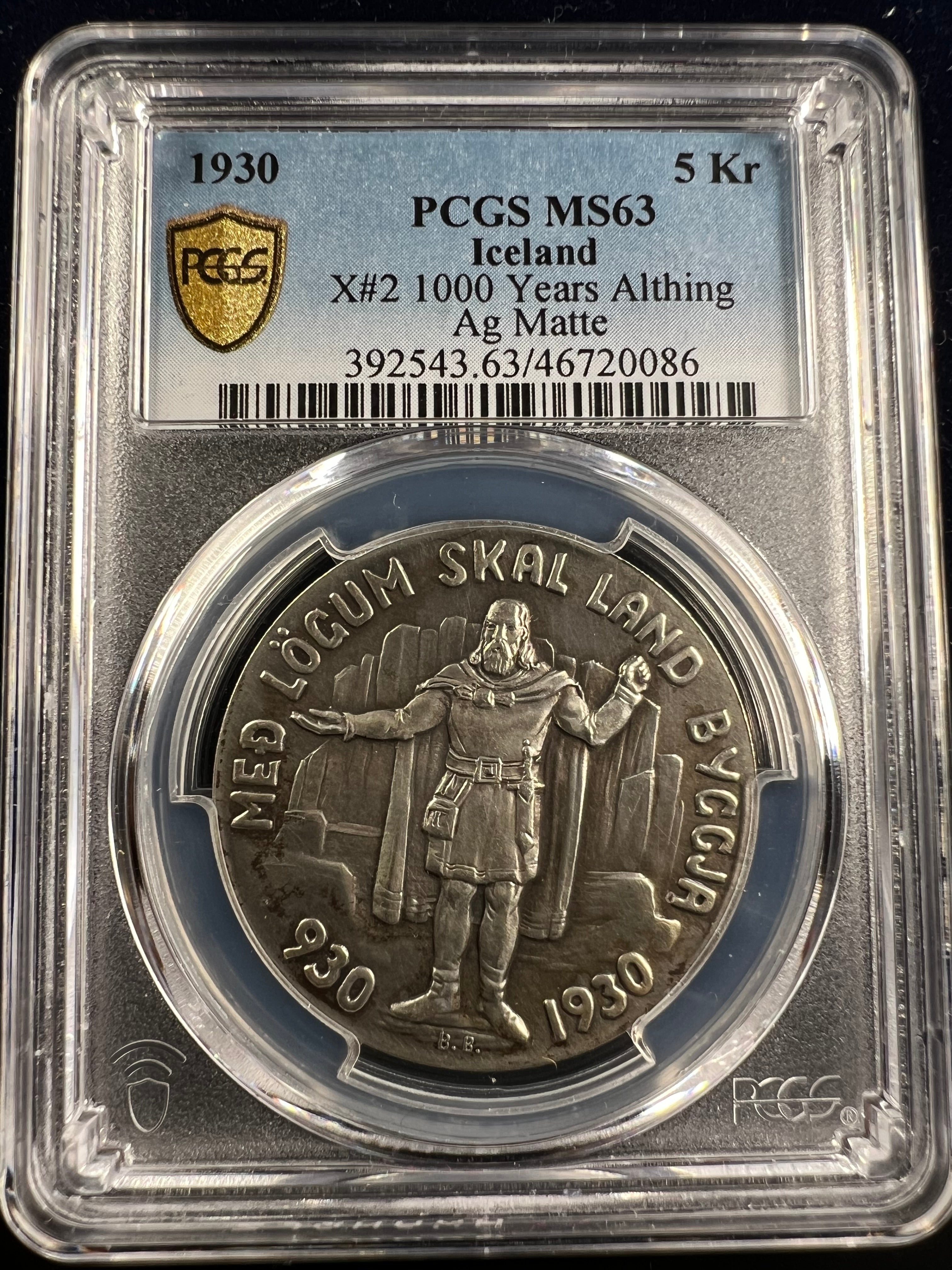 1930 Iceland Silver 5 Kronur – 1000 Years of the Althing PCGS MS63