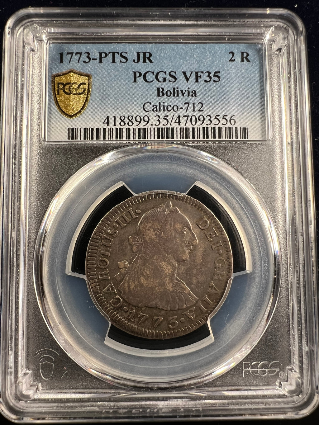 1773-PTS JR Bolivia Silver 2 Reales – Charles III PCGS VF35