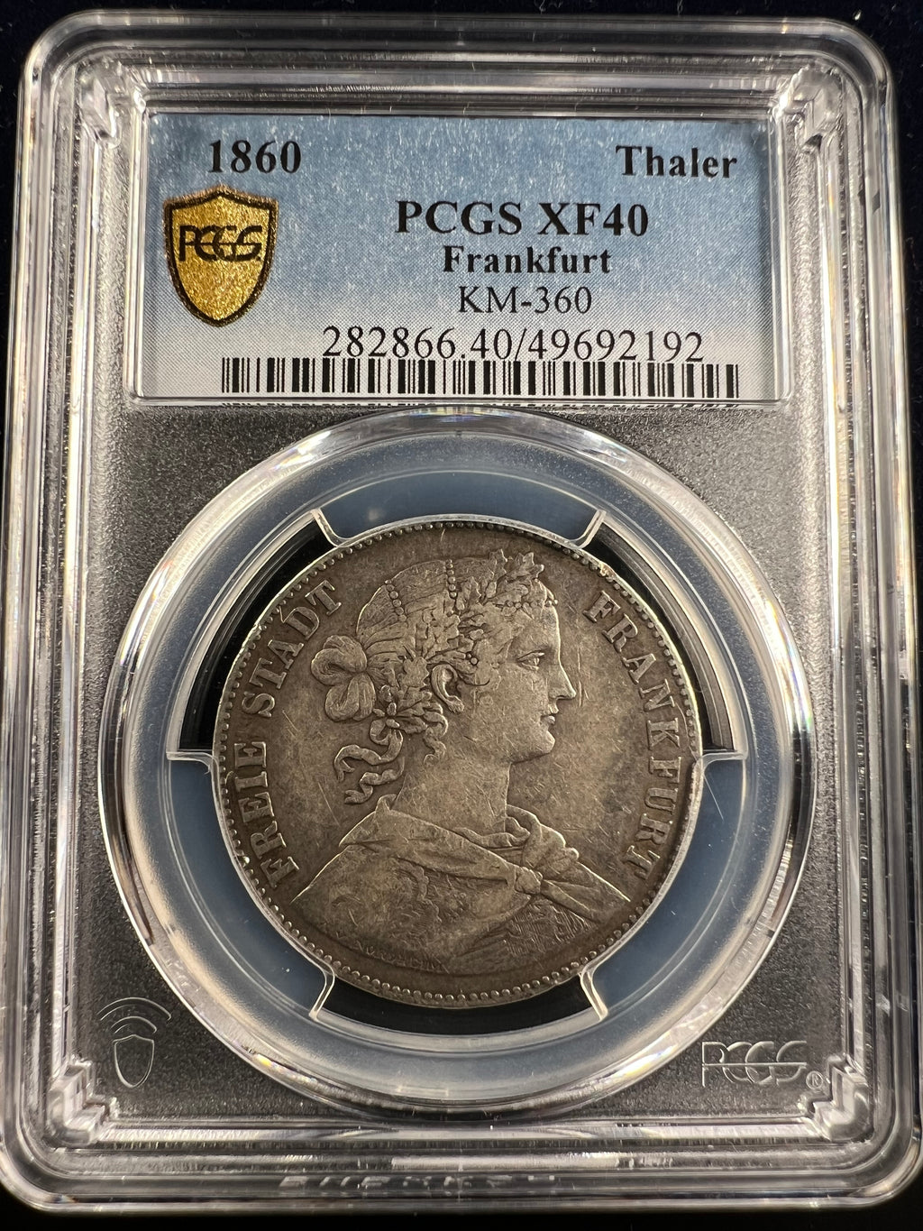 1860 Frankfurt Silver Thaler PCGS XF40 (KM-360)