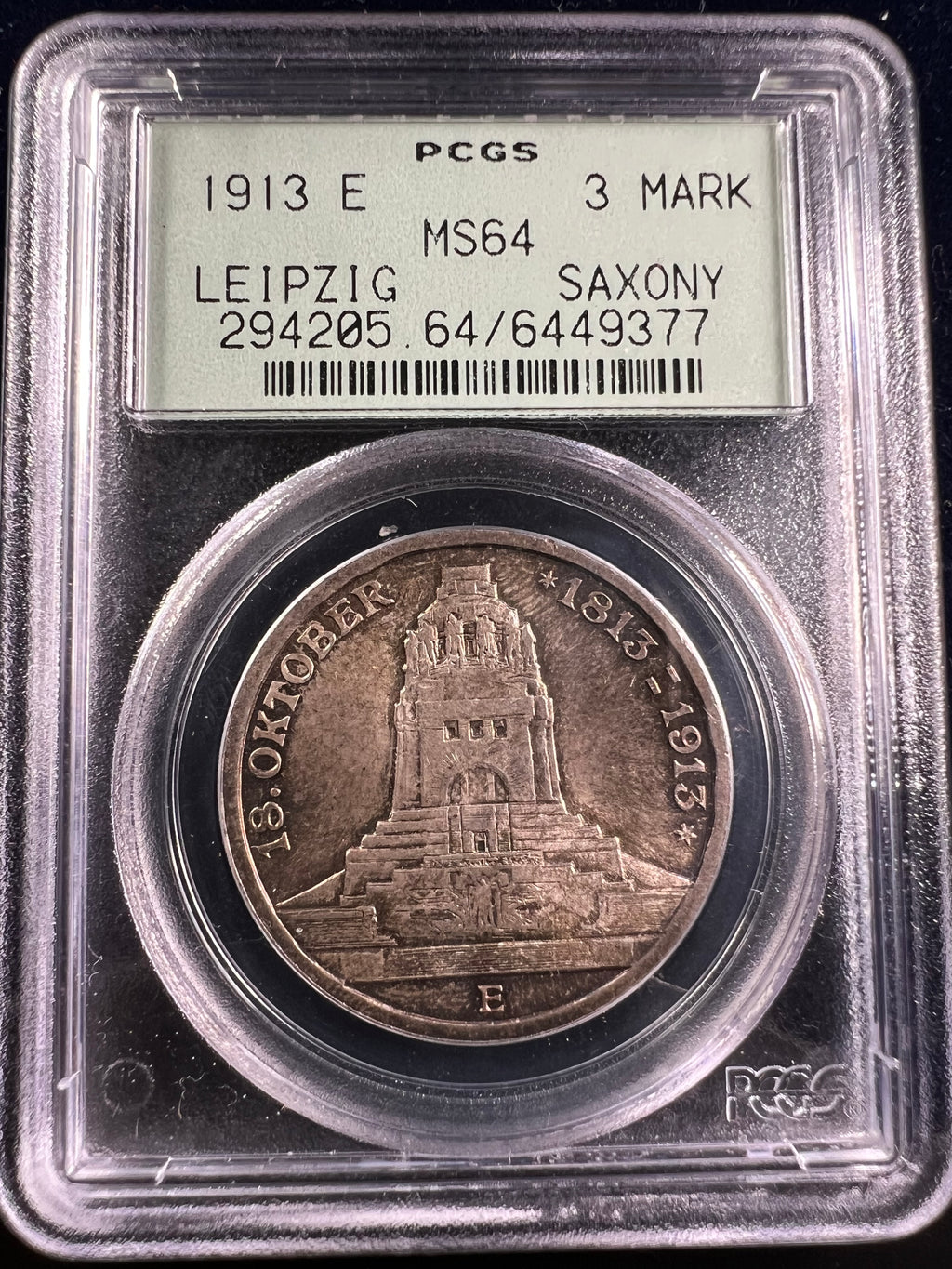1913-E Saxony Silver 3 Mark – 100th Anniversary of the Battle of Leipzig PCGS MS64 OGH