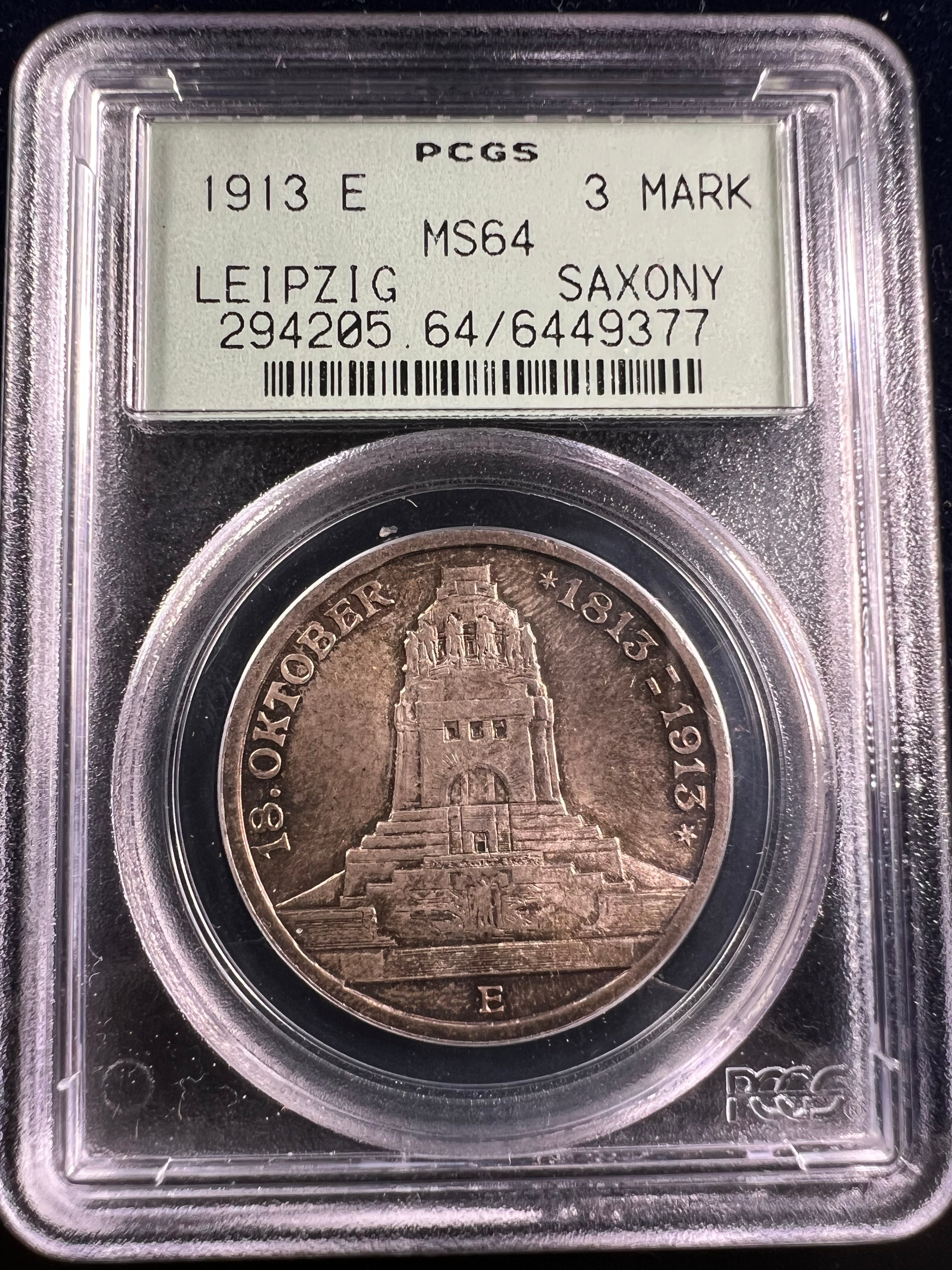 1913-E Saxony Silver 3 Mark – 100th Anniversary of the Battle of Leipzig PCGS MS64 OGH