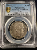 1937-A Germany (Third Reich) Silver 5 Reichsmark - PCGS MS63 Hindenburg