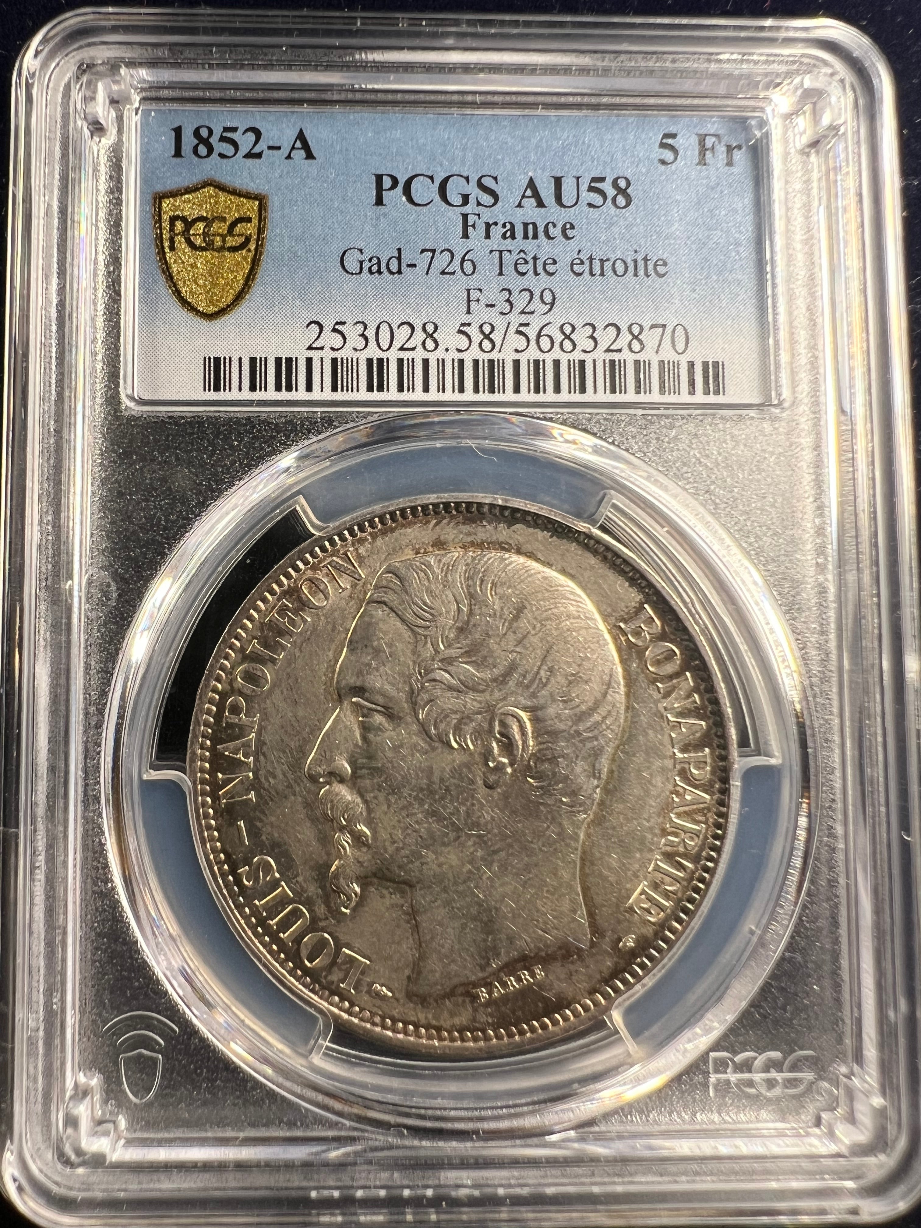 1852-A France Silver 5 Francs – Napoleon III “Tête étroite” PCGS AU58