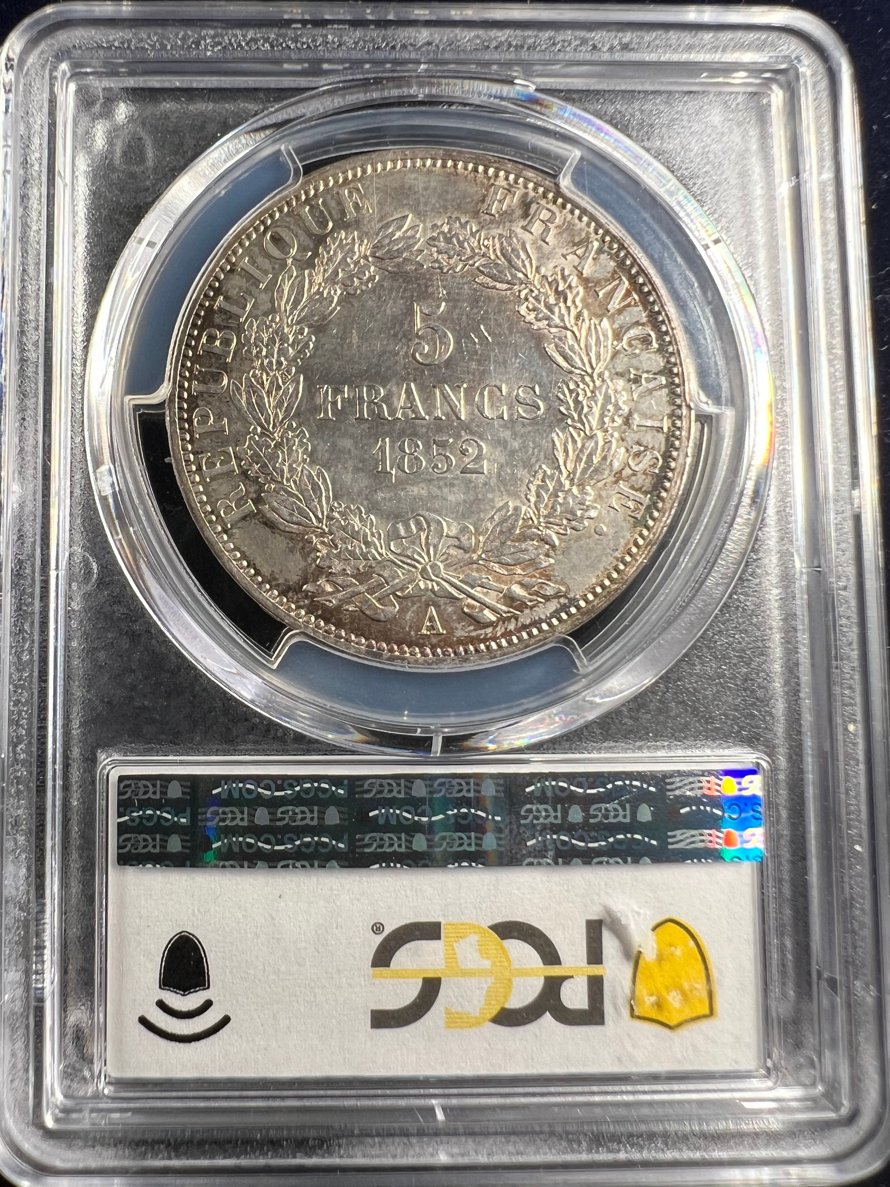 1852-A France Silver 5 Francs – Napoleon III “Tête étroite” PCGS AU58