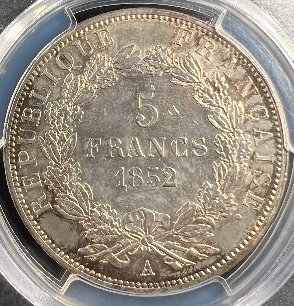 1852-A France Silver 5 Francs – Napoleon III “Tête étroite” PCGS AU58