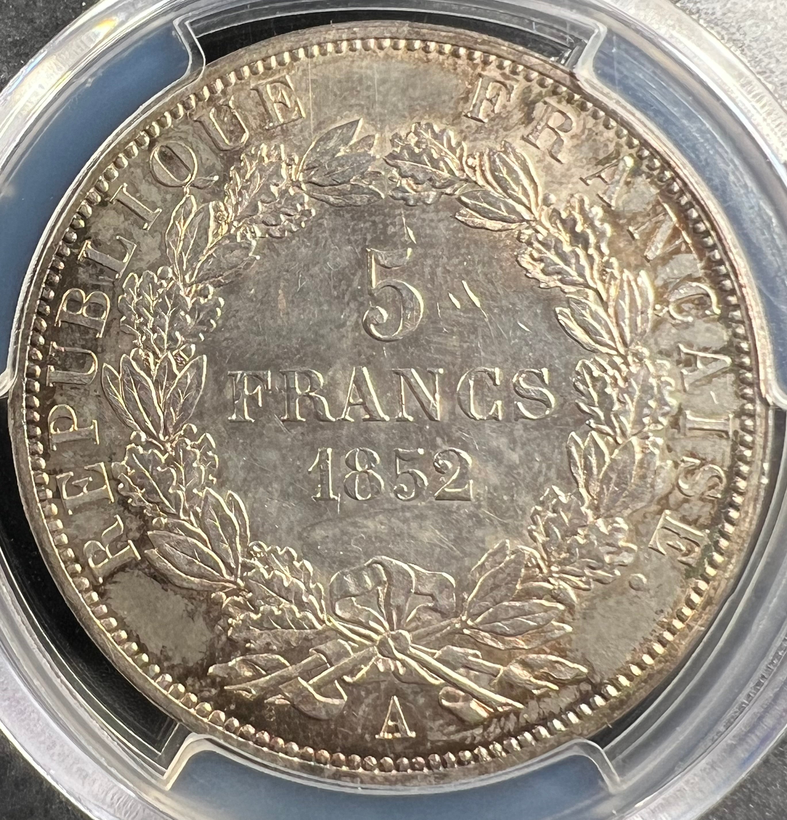 1852-A France Silver 5 Francs – Napoleon III “Tête étroite” PCGS AU58