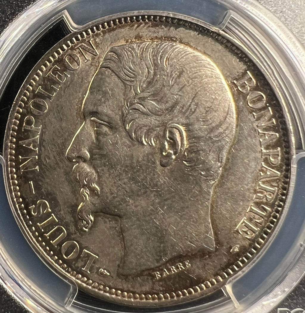 1852-A France Silver 5 Francs – Napoleon III “Tête étroite” PCGS AU58