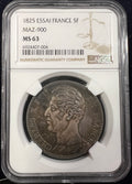 1825 France 5 Francs Essai — Charles X Visit of the Duchesse de Berry & Prince de Salerne (MAZ-900, NGC MS63)