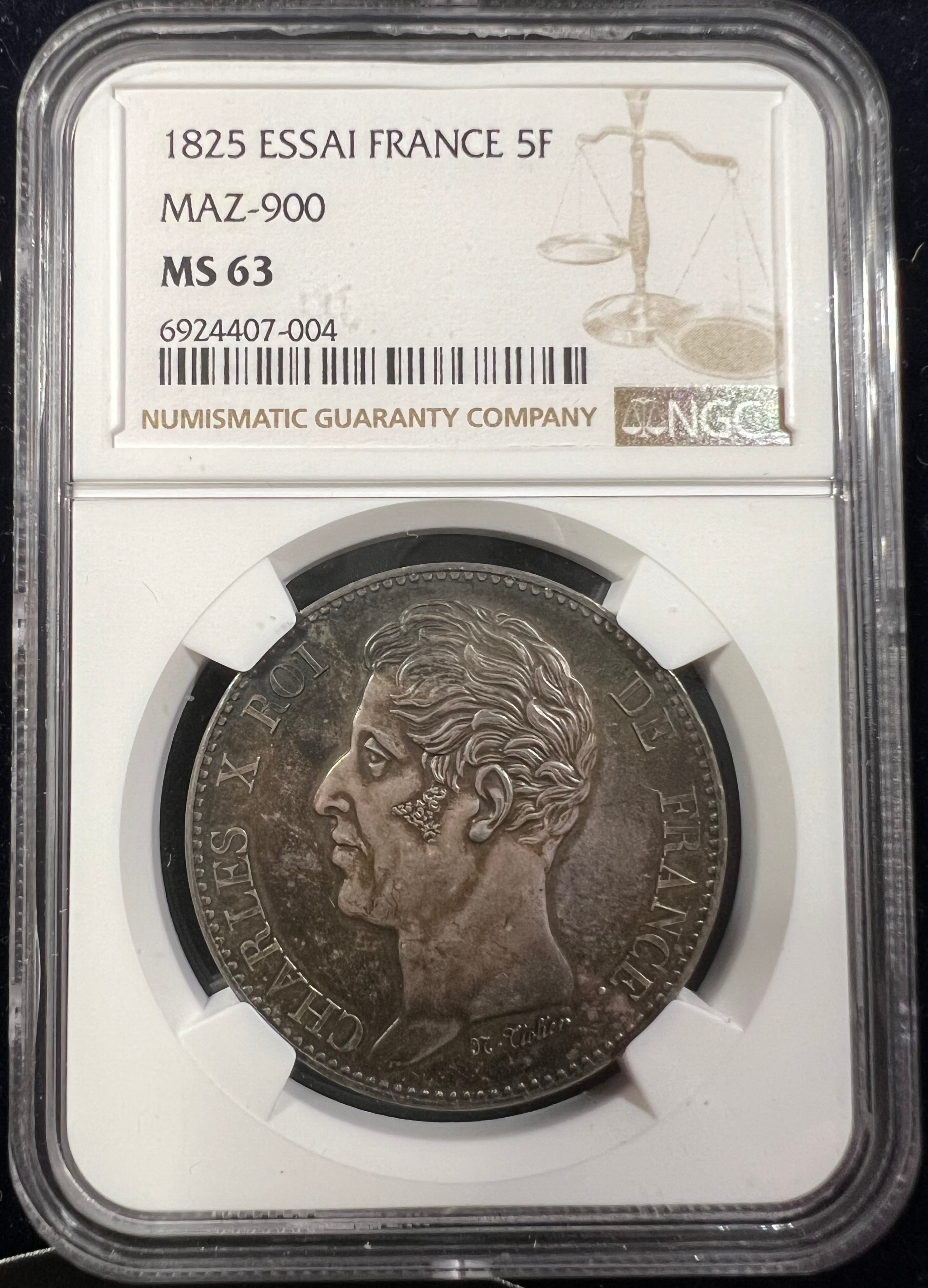 1825 France 5 Francs Essai — Charles X Visit of the Duchesse de Berry & Prince de Salerne (MAZ-900, NGC MS63)