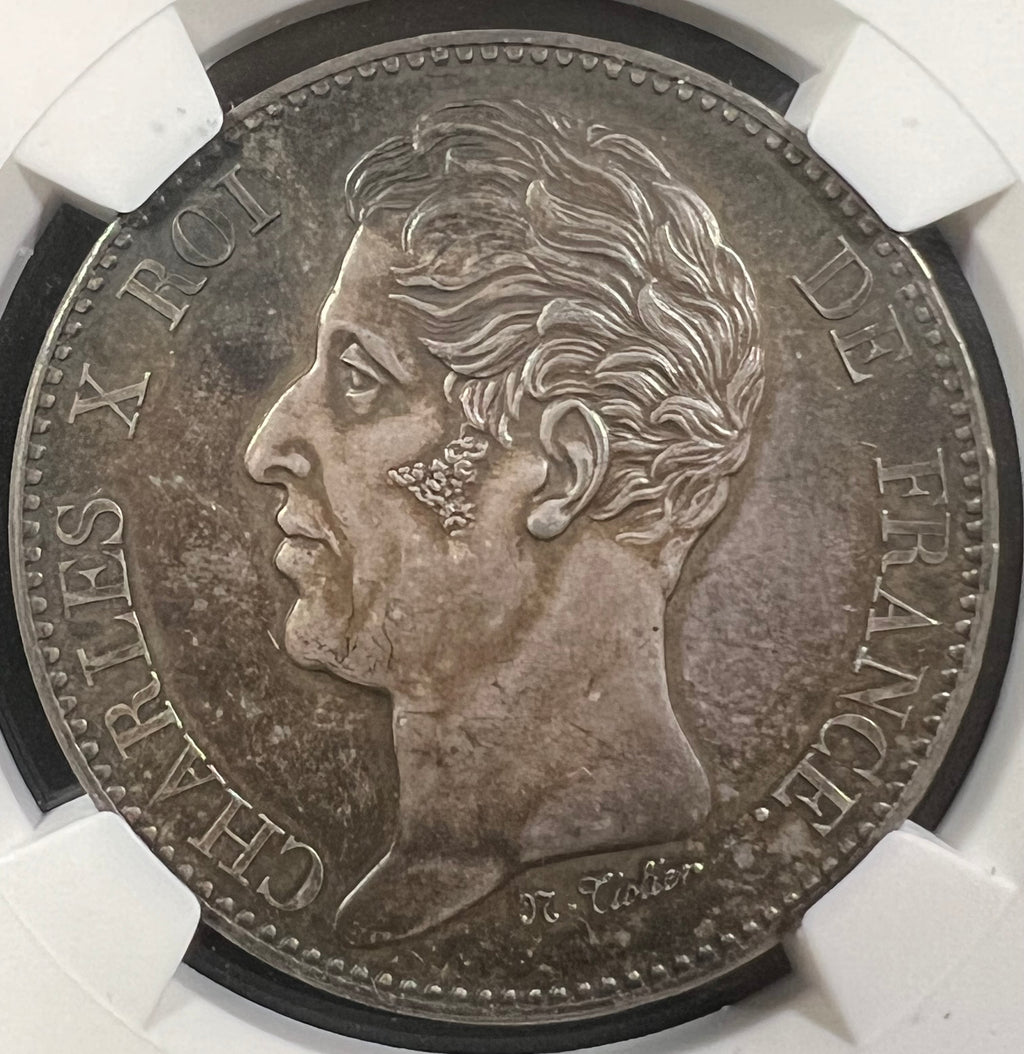 1825 France 5 Francs Essai — Charles X Visit of the Duchesse de Berry & Prince de Salerne (MAZ-900, NGC MS63)