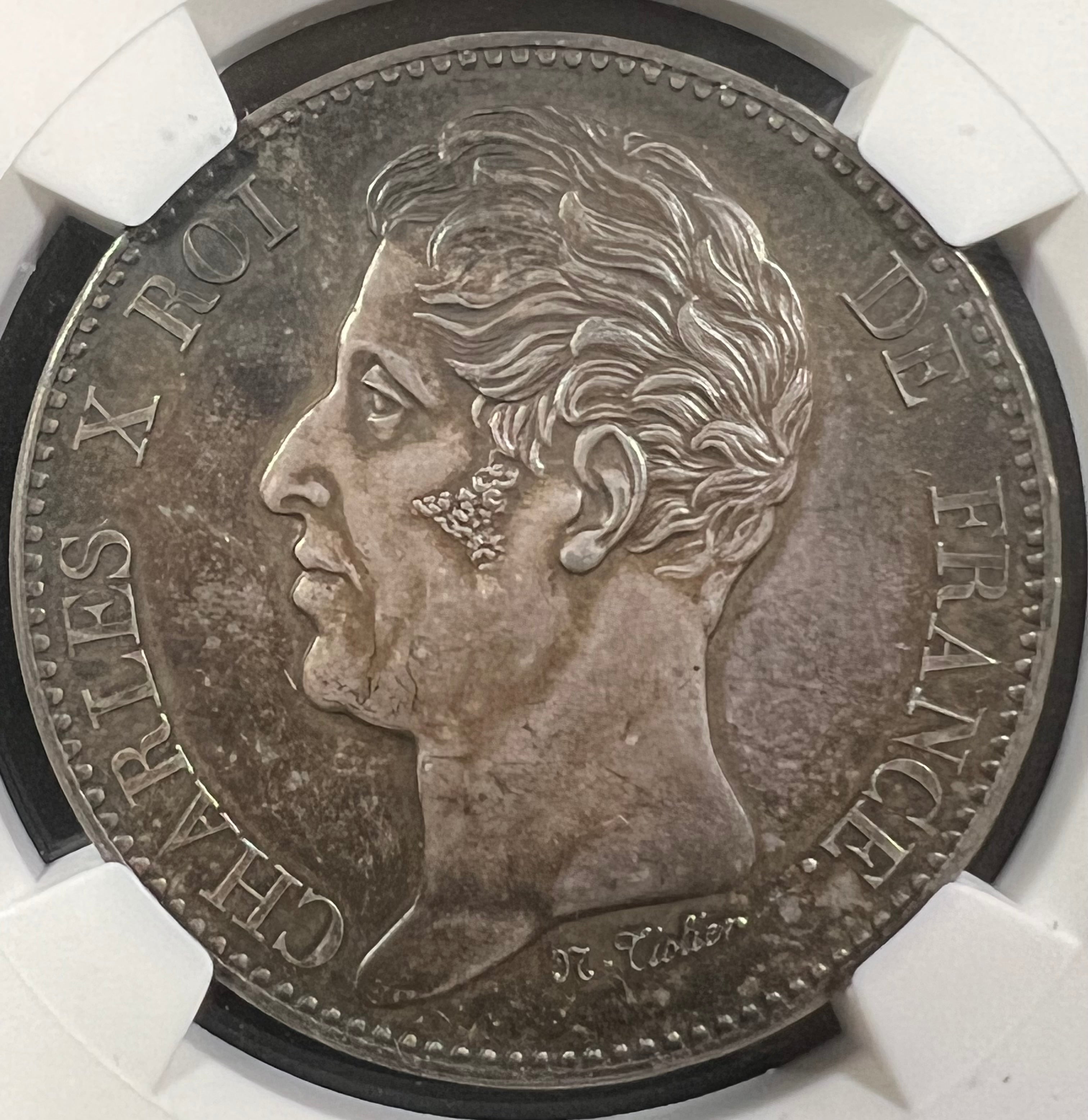 1825 France 5 Francs Essai — Charles X Visit of the Duchesse de Berry & Prince de Salerne (MAZ-900, NGC MS63)