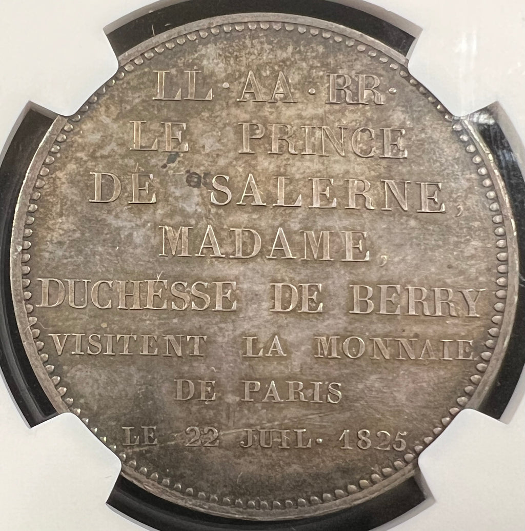 1825 France 5 Francs Essai — Charles X Visit of the Duchesse de Berry & Prince de Salerne (MAZ-900, NGC MS63)