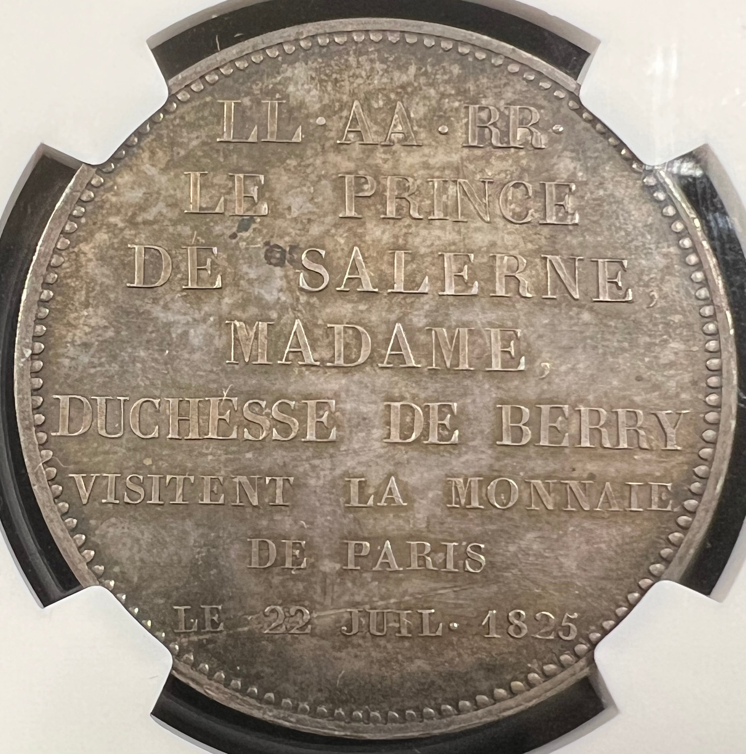 1825 France 5 Francs Essai — Charles X Visit of the Duchesse de Berry & Prince de Salerne (MAZ-900, NGC MS63)