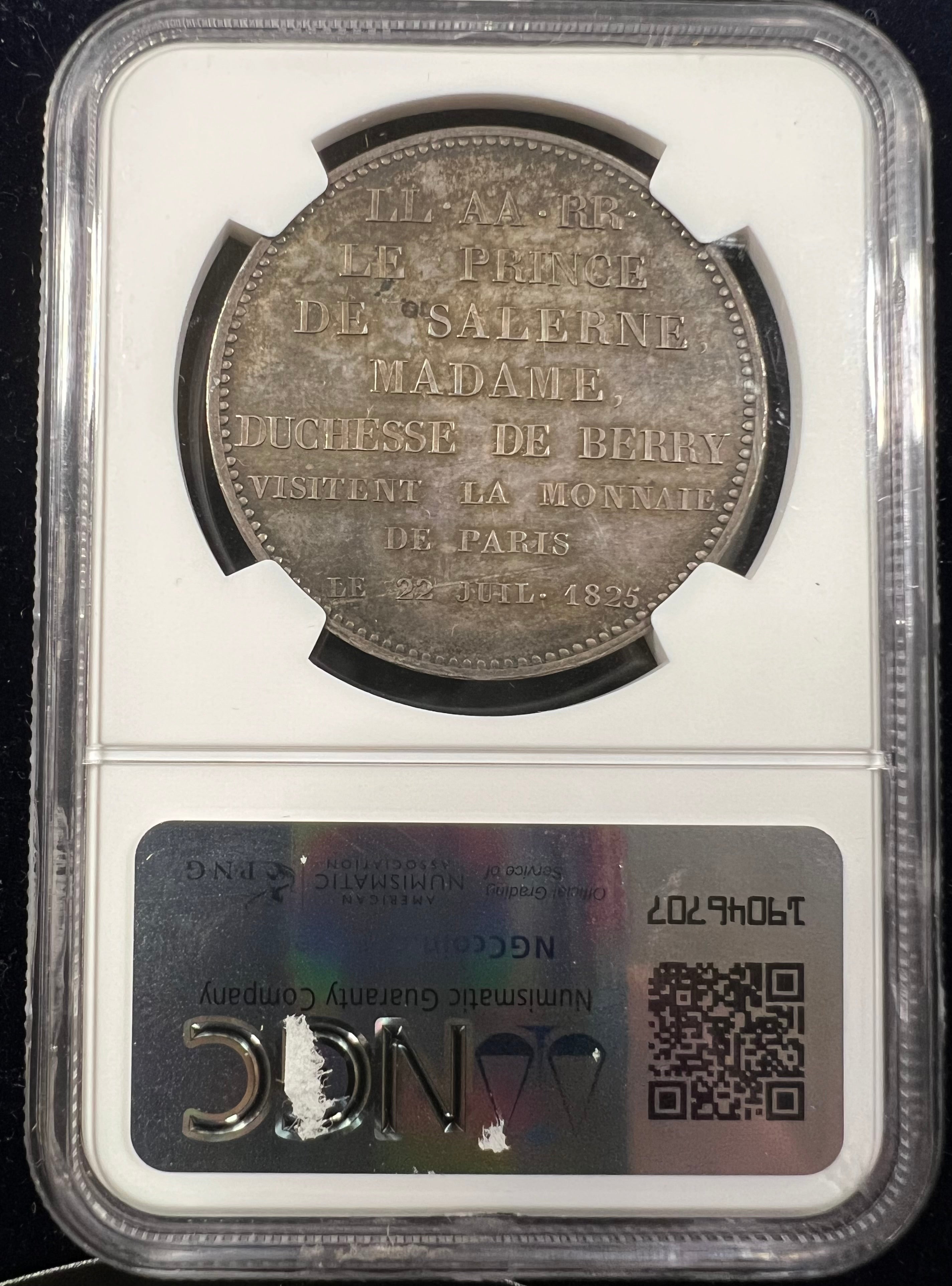 1825 France 5 Francs Essai — Charles X Visit of the Duchesse de Berry & Prince de Salerne (MAZ-900, NGC MS63)