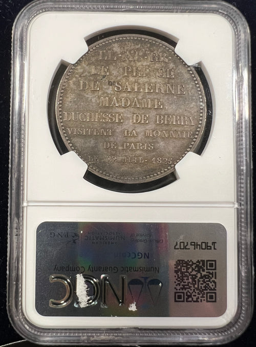 1825 France 5 Francs Essai — Charles X Visit of the Duchesse de Berry & Prince de Salerne (MAZ-900, NGC MS63)