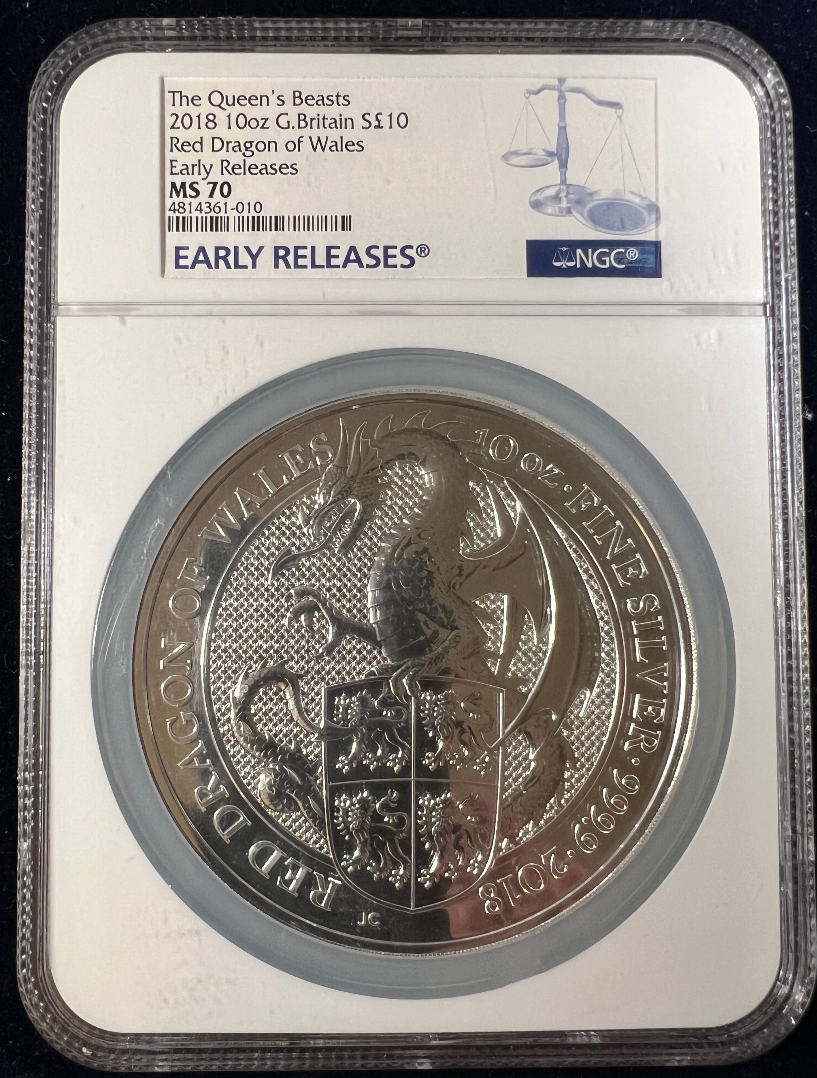 2018 10 oz Silver Queen’s Beasts Red Dragon of Wales NGC MS70 Early Releases