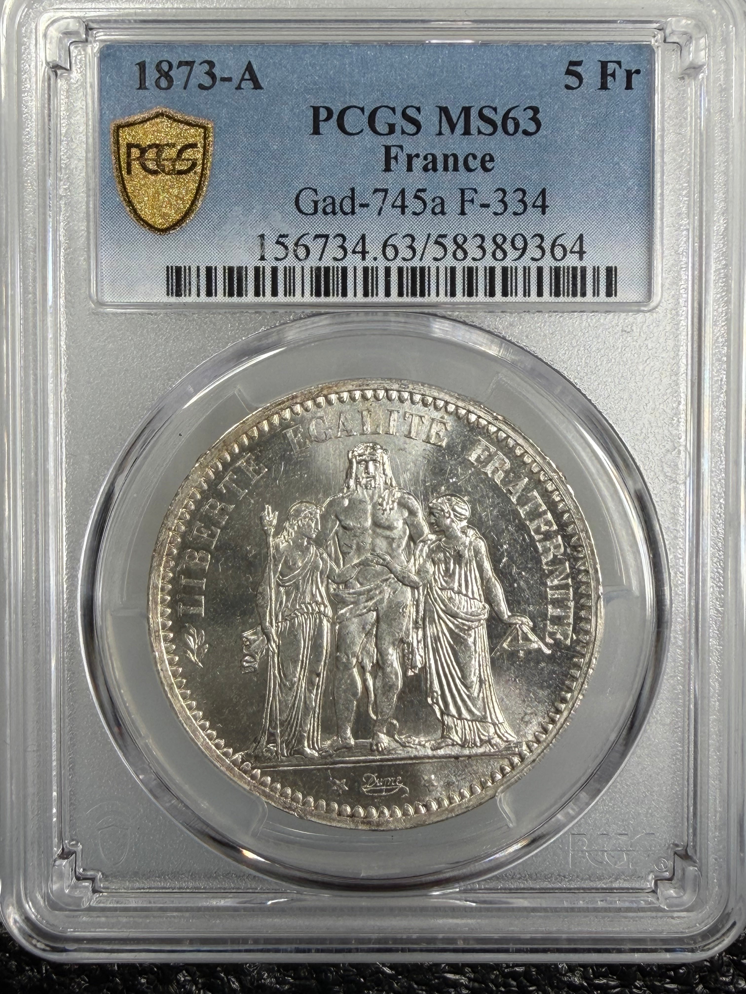 1873-A France Silver 5 Francs Hercules Third Republic PCGS MS63