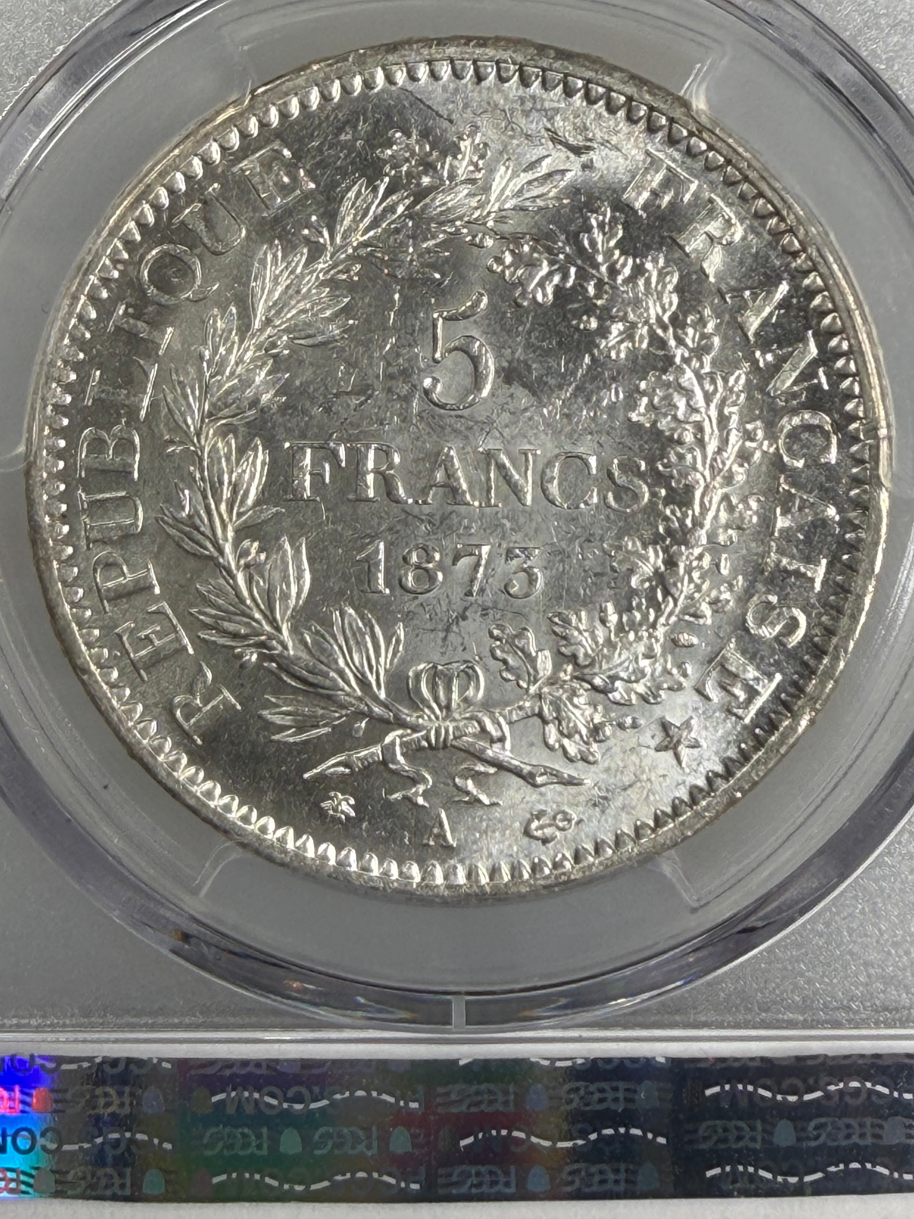 1873-A France Silver 5 Francs Hercules Third Republic PCGS MS63