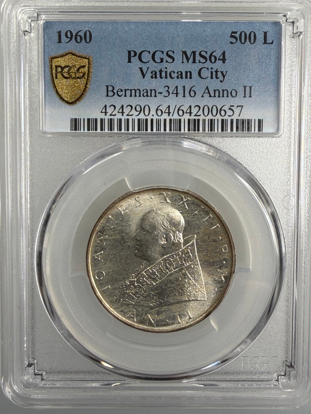 1960 Vatican City Silver 500 Lire Pope John XXIII Anno II PCGS MS64
