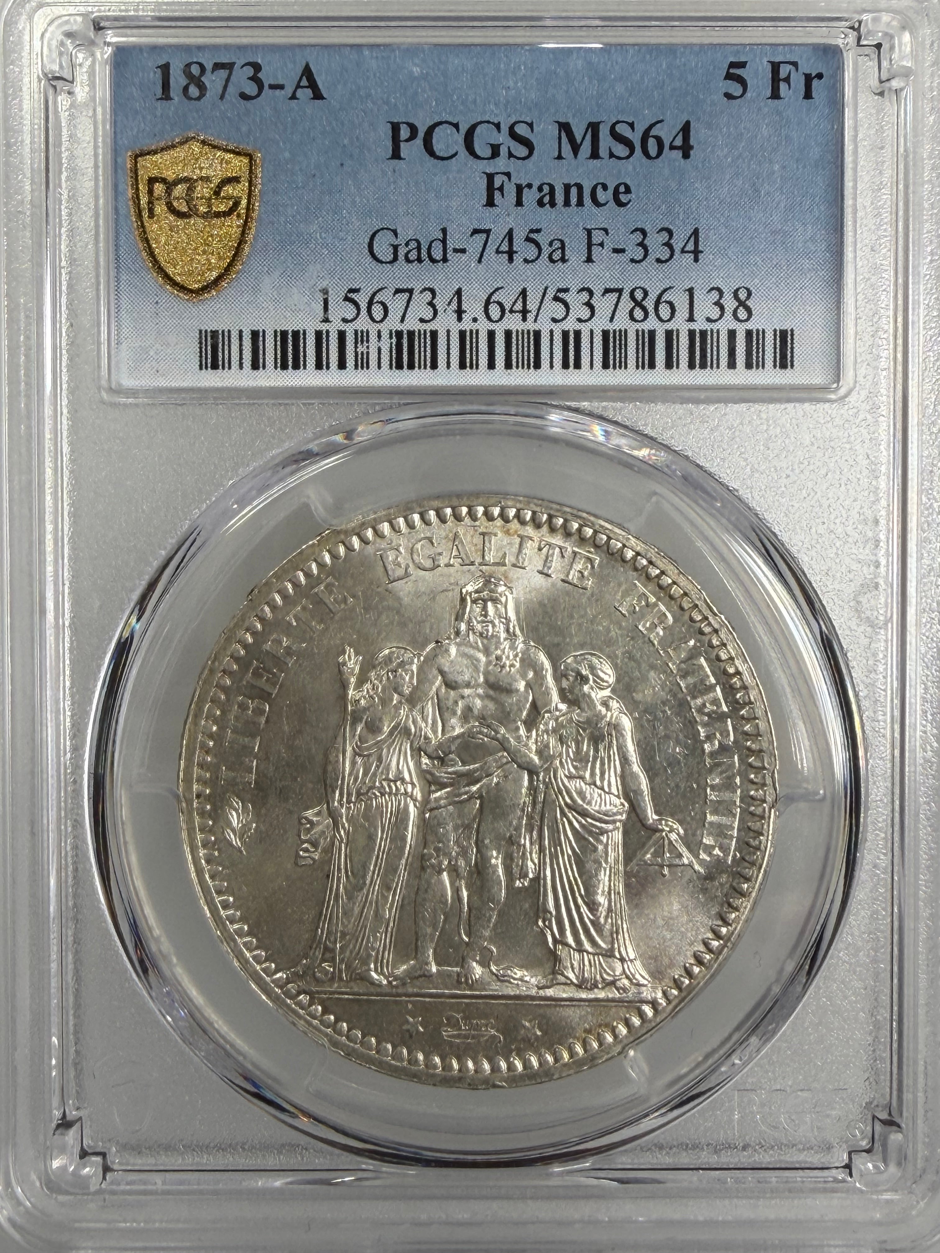 1873-A France Silver 5 Francs Hercules Third Republic PCGS MS64