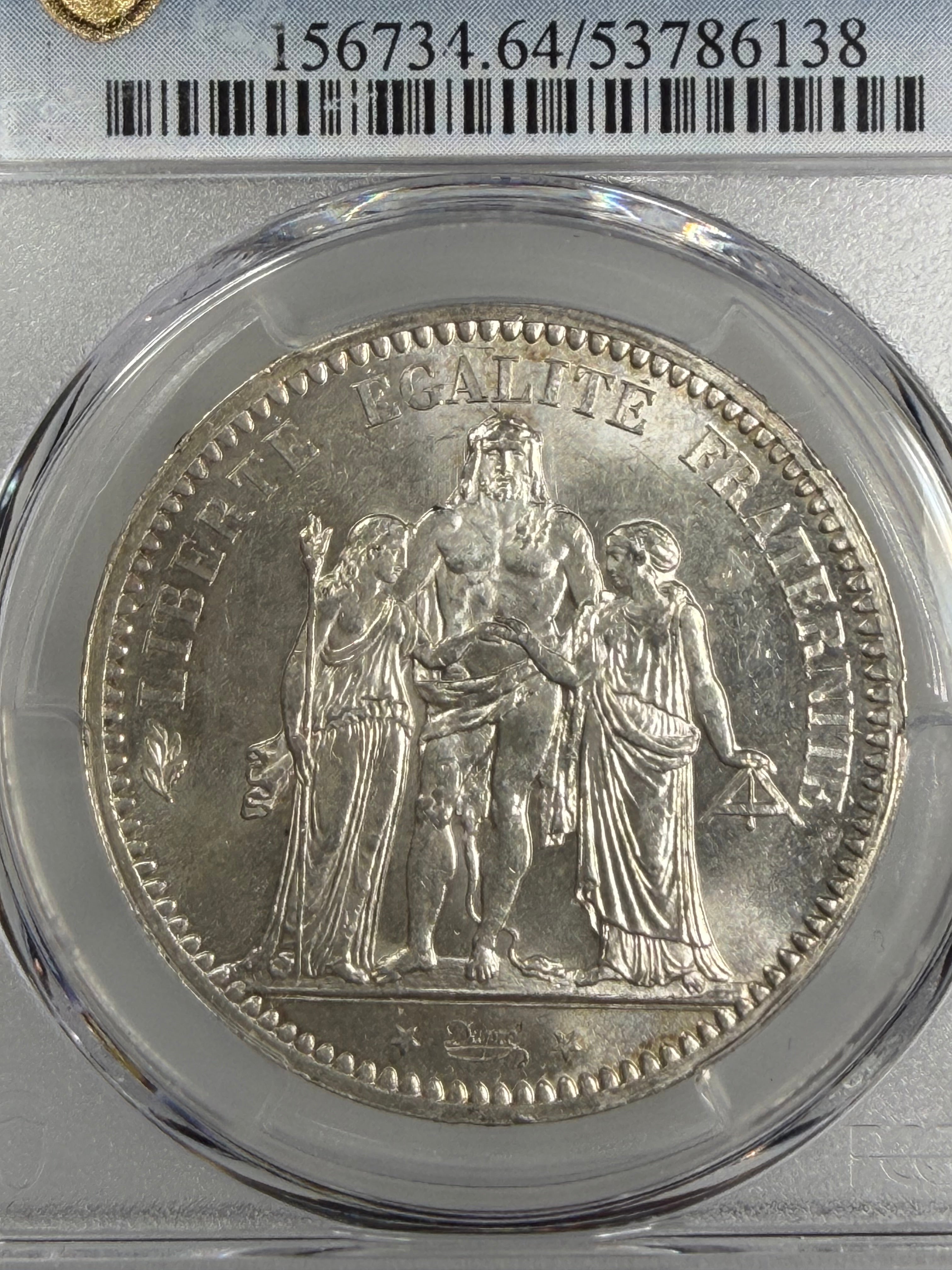1873-A France Silver 5 Francs Hercules Third Republic PCGS MS64
