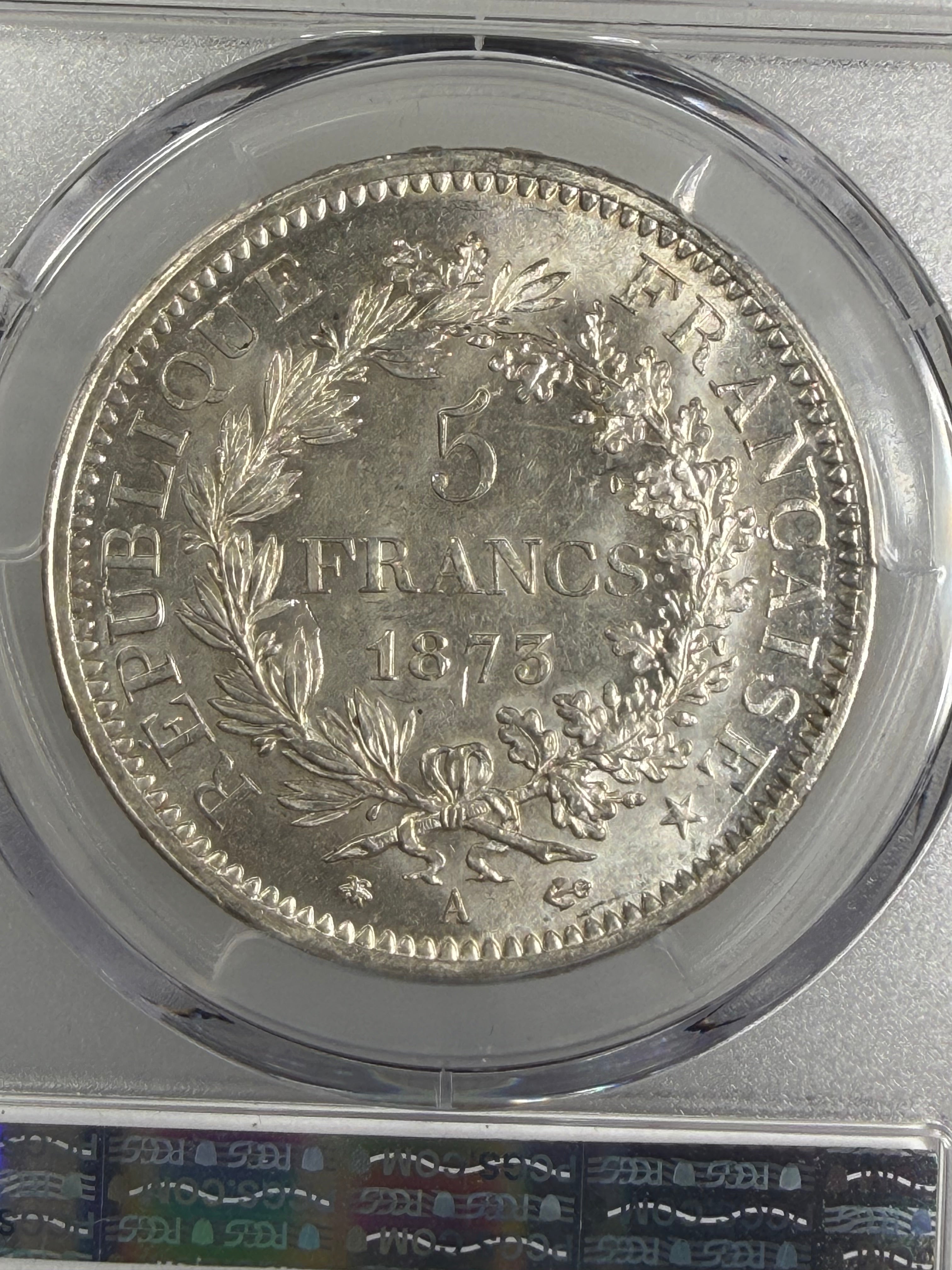 1873-A France Silver 5 Francs Hercules Third Republic PCGS MS64