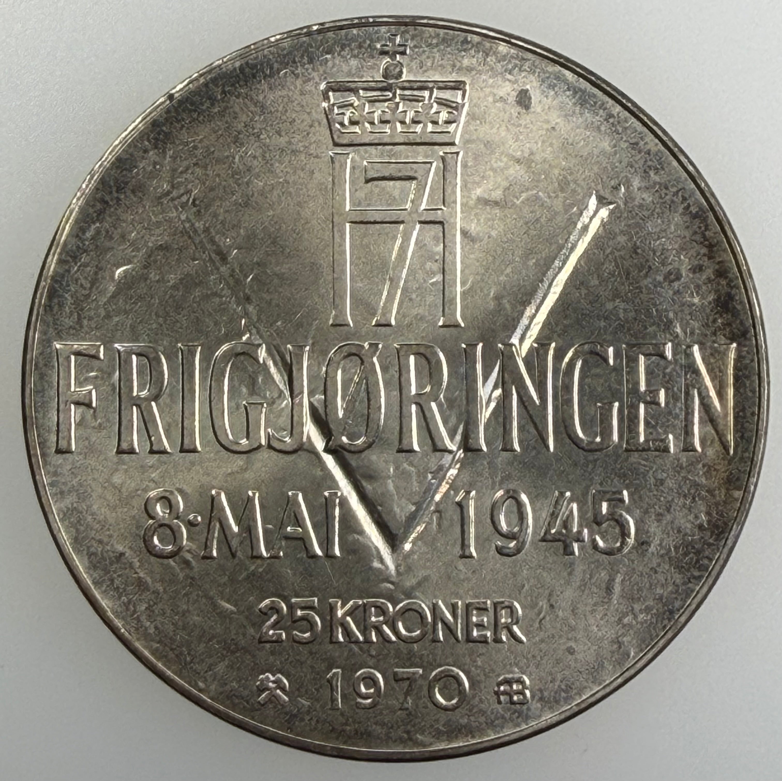 1970 Norway Silver 25 Kroner – 25th Anniversary of Liberation (Frigjøringen)