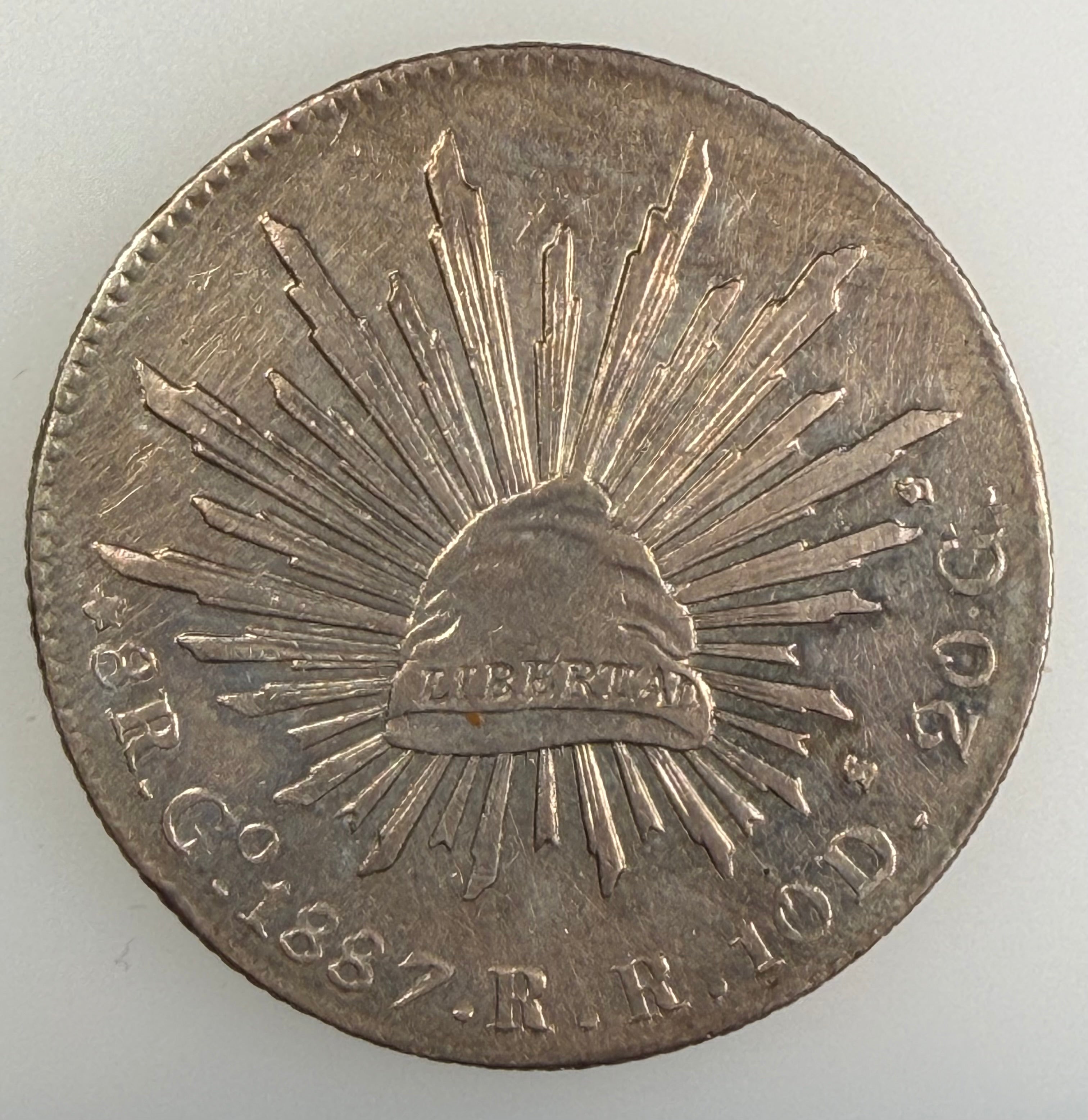 1887 Mexico Silver 8 Reales Guanajuato Mint (Go RR, KM 377.8) Cap & Rays