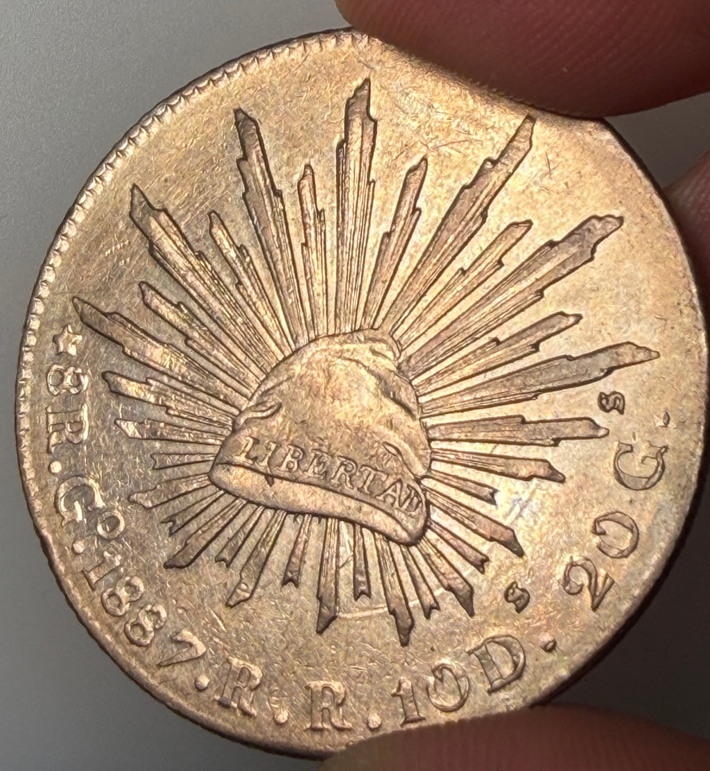 1887 Mexico Silver 8 Reales Guanajuato Mint (Go RR, KM 377.8) Cap & Rays