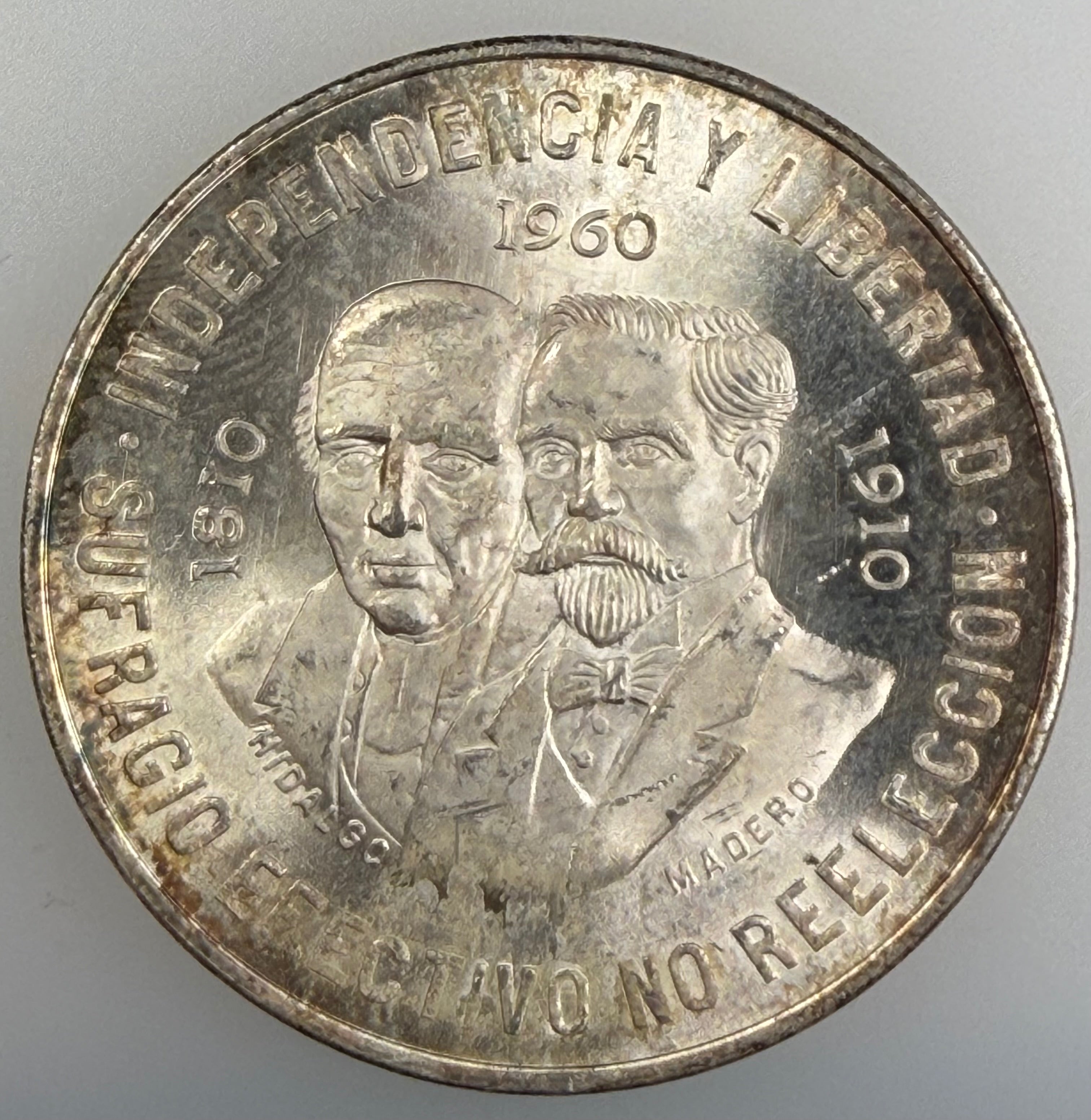 1960 Mexico Silver 10 Pesos Hidalgo & Madero 150th Independence (KM 476)