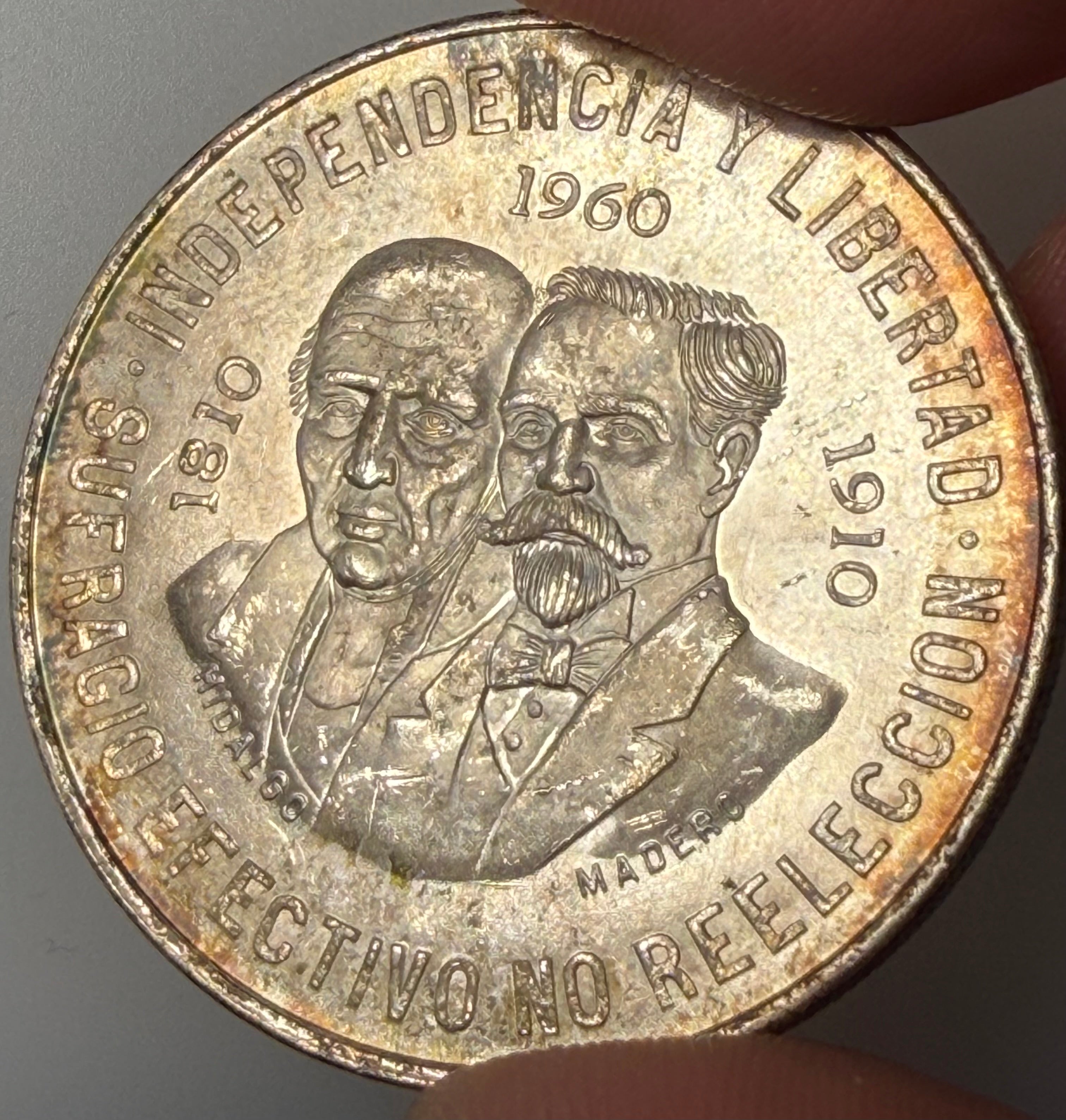 1960 Mexico Silver 10 Pesos Hidalgo & Madero 150th Independence (KM 476)