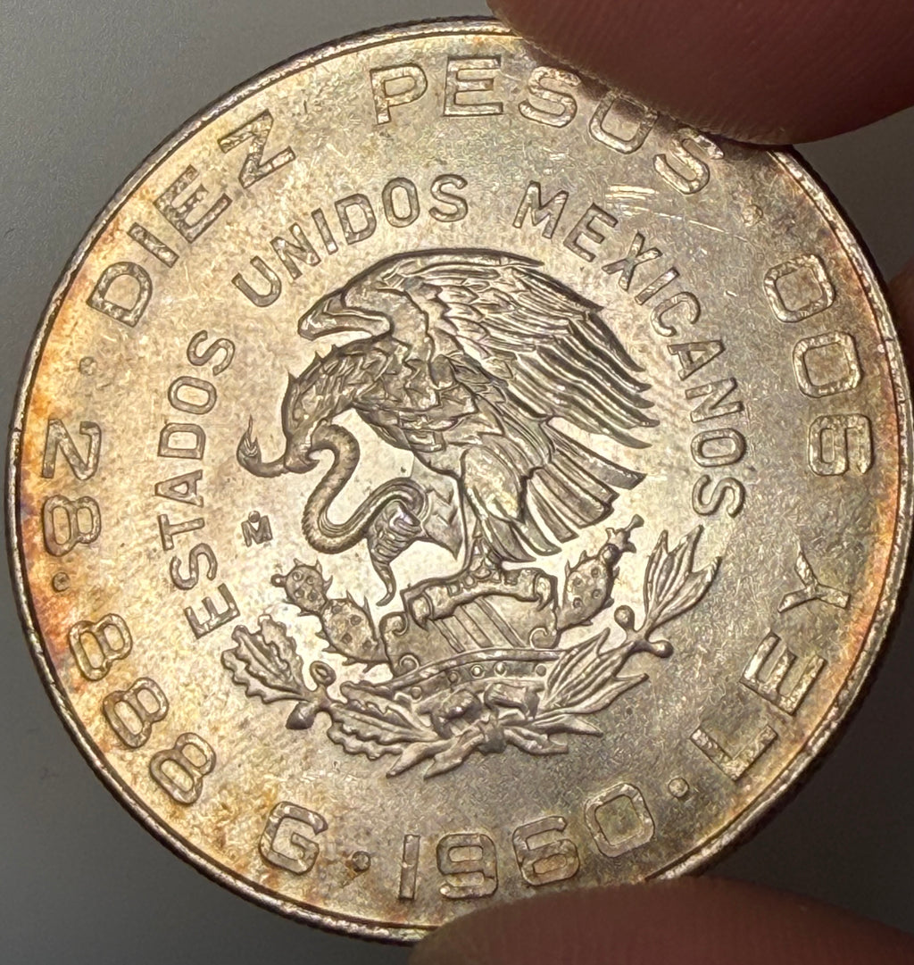 1960 Mexico Silver 10 Pesos Hidalgo & Madero 150th Independence (KM 476)