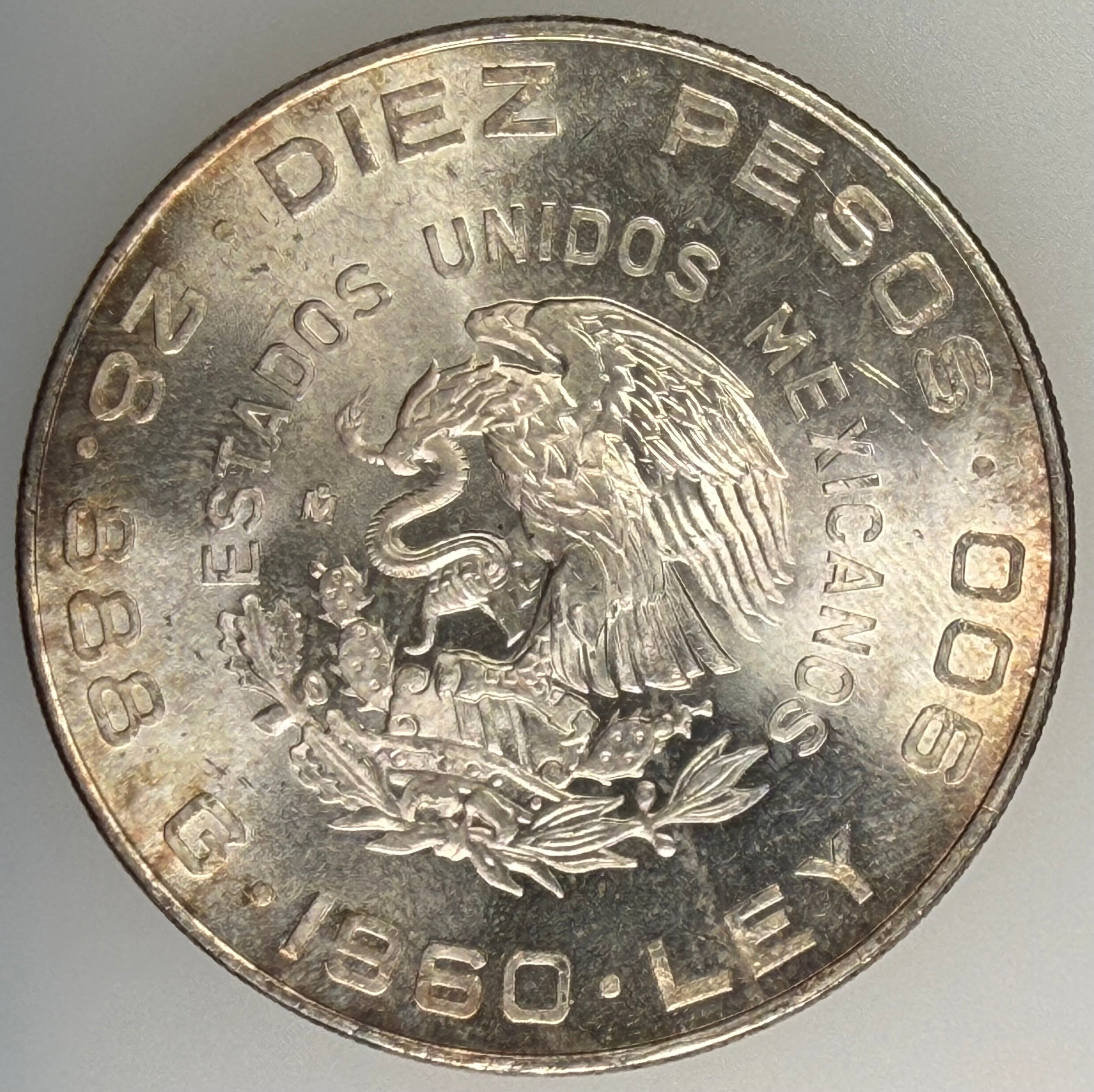 1960 Mexico Silver 10 Pesos Hidalgo & Madero 150th Independence (KM 476)