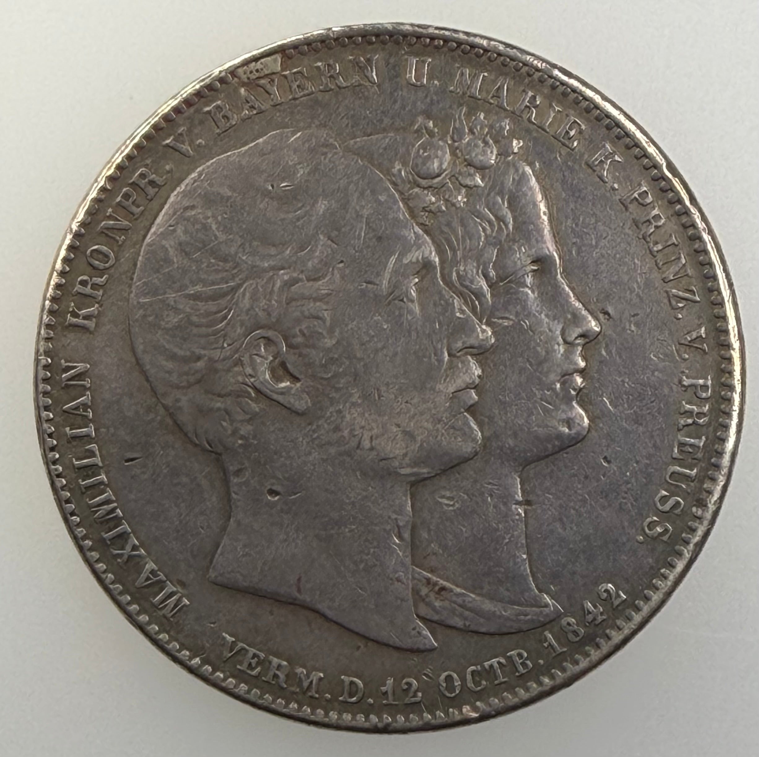 1842 Bavaria Silver 2 Thalers / 3½ Gulden – Marriage of Crown Prince Maximilian & Princess Marie (Munich Mint)
