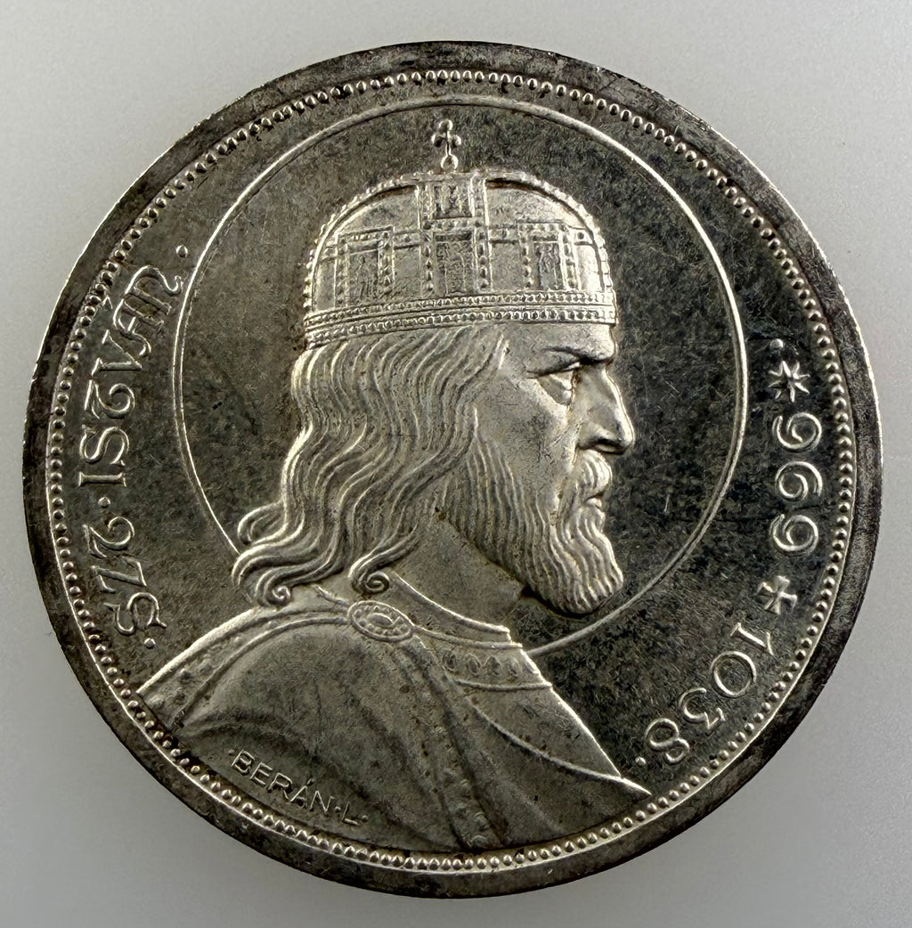 1938 Hungary Silver 5 Pengo – 900th Anniversary - Death of St. Stephan