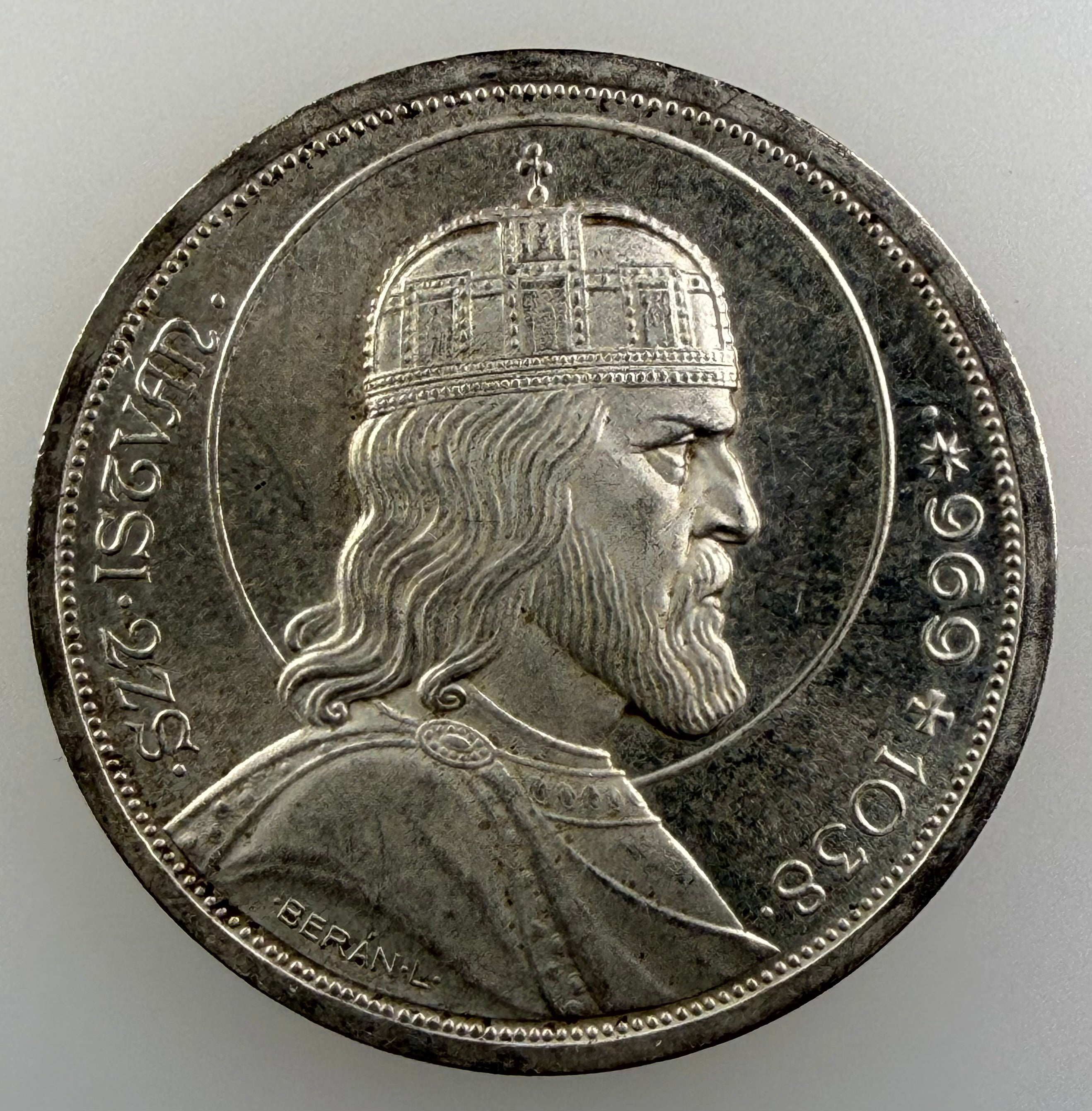 1938 Hungary Silver 5 Pengo – 900th Anniversary - Death of St. Stephan